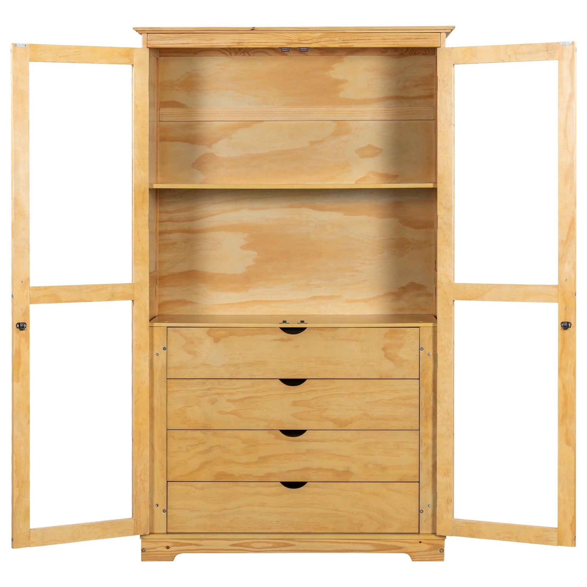 TOPMAX 44.7x20x75inch Kitchen Pantry, Freestanding Kitchen Storage Cabinet Display Cabinet with Glass Doors and 4 Built-in Drawers for Living Room, Home Office, Natural