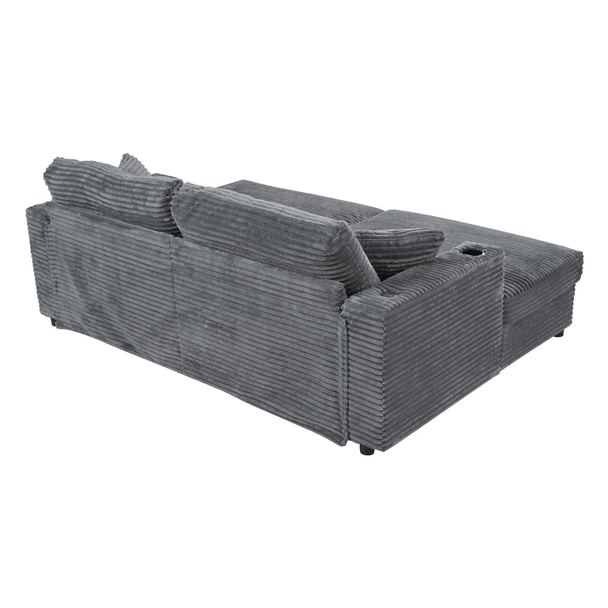 Oversized Loveseat Chaise Lounge Sectional Sofa Bed with USB Ports, Cup Holders, Throw Pillows, Dark Gray Corduroy, 86.5'
