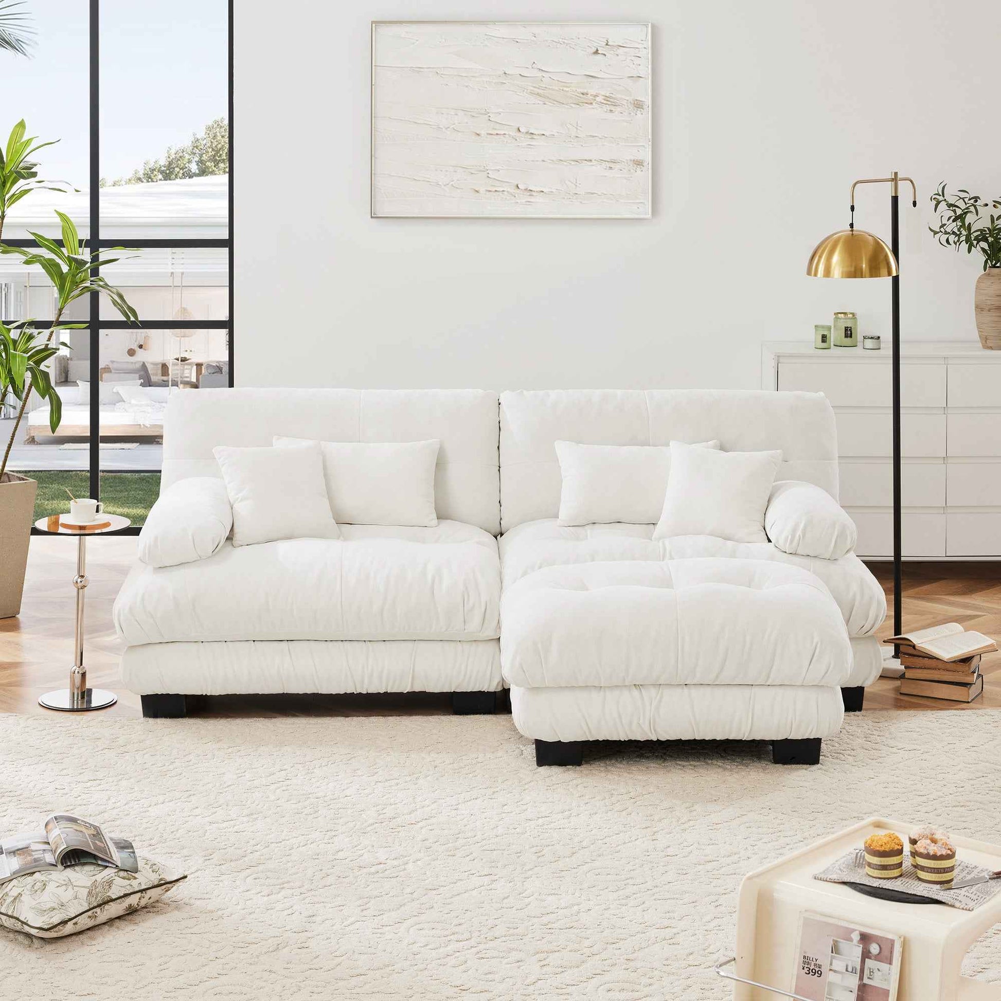 Cloud Couch Sectional Sofa for Living Room, Chenille 2 Seater Sofa with 2 Lumbar pillows and 2 throw pillows , Upholstered Wide Arm Sofa with Convertible Ottoman,Chenille White