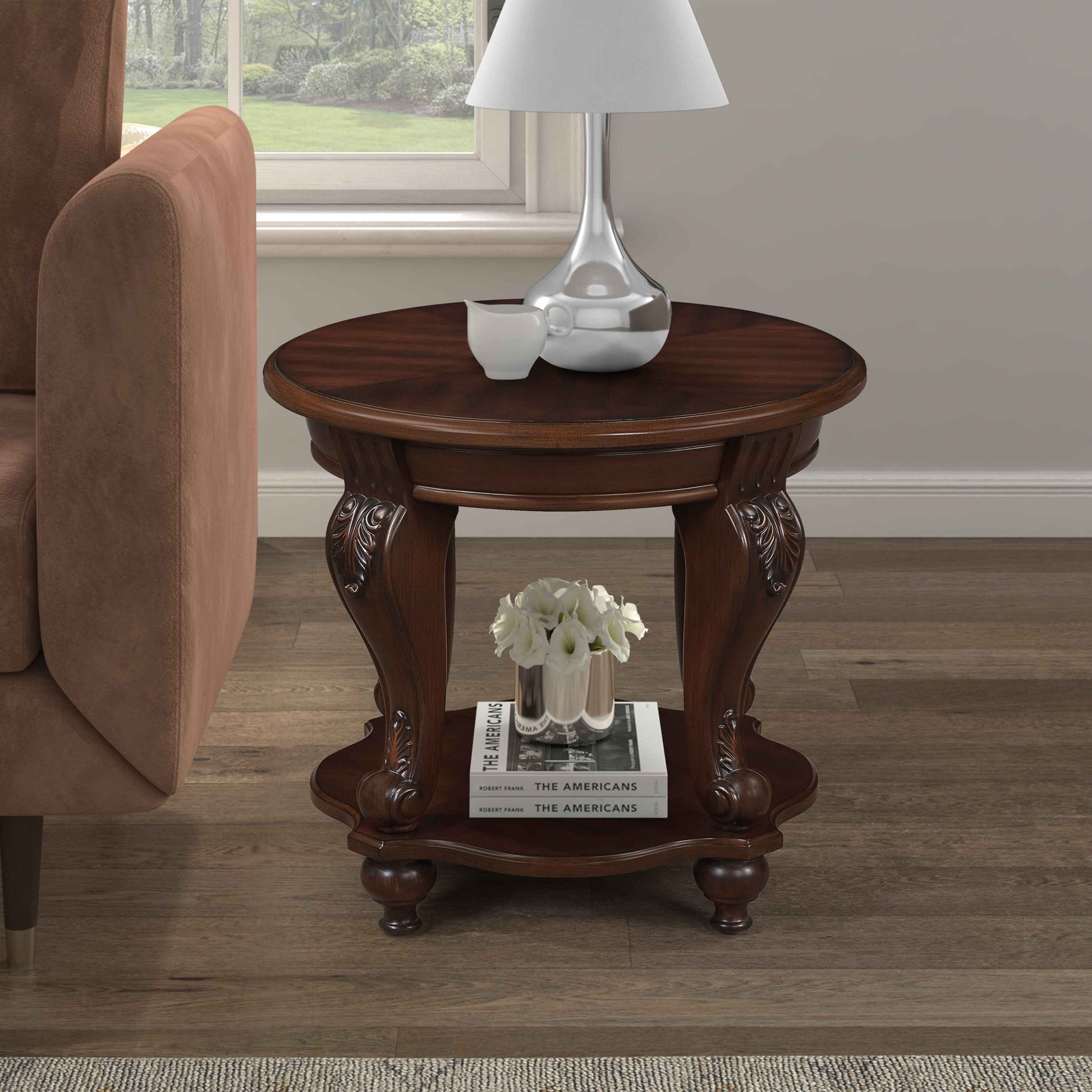 22'' Retro Round End Table,Solid Wood Sofa Side Table with Shelf,Living Room Corner Table Easy Assemble,Cherry