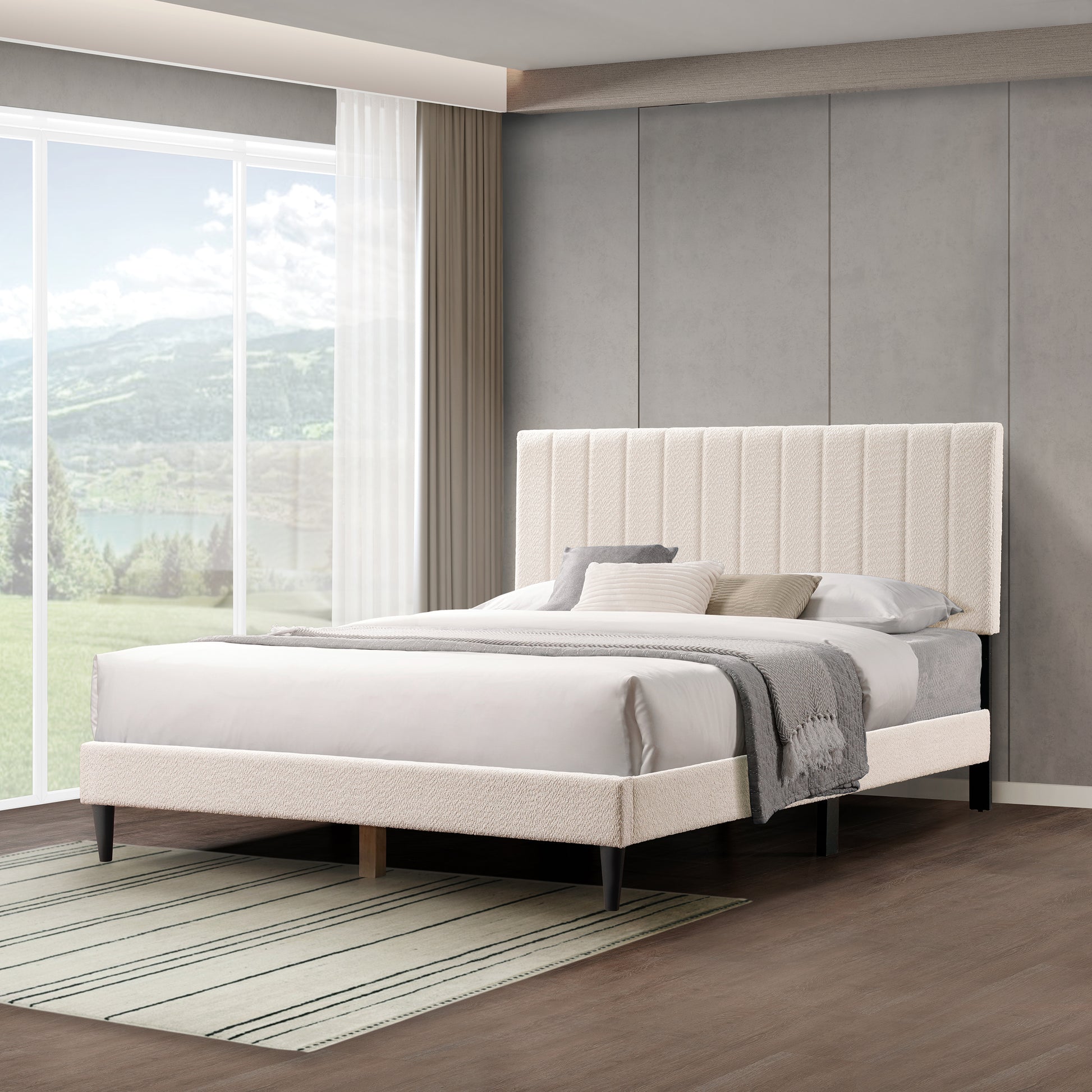Cream White Upholstered Queen Platform Bed Frame, Tufted Channel Headboard, Mid-Century Bedroom Furniture, No Box Spring Required, Bed Frame Wood Slats, Modern Soft Boucle, 64.25' x 84.5Cream - Abrihome