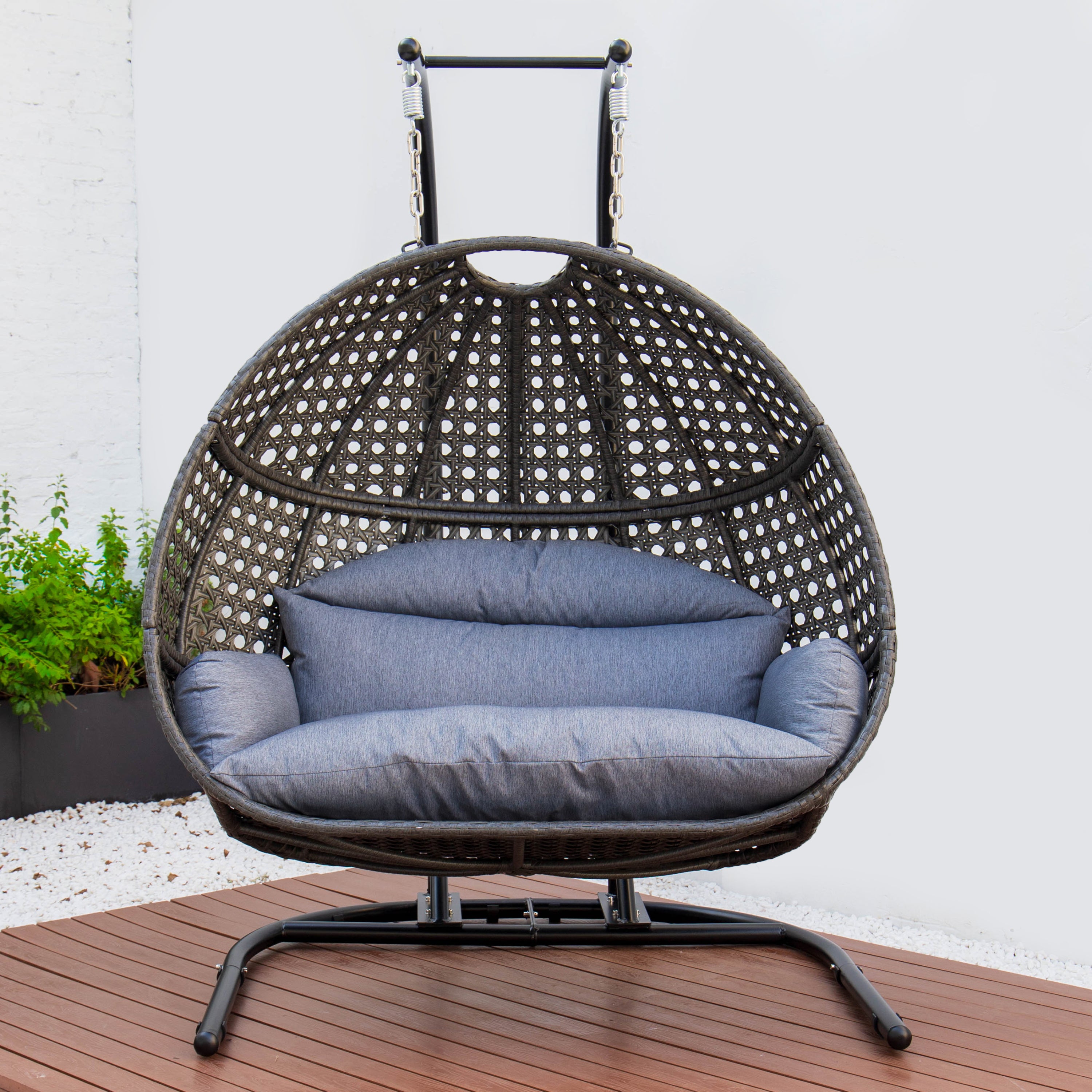 Charcoal Wicker Hanging Double-Seat Swing Chair with Stand w/Dust Blue Cushion