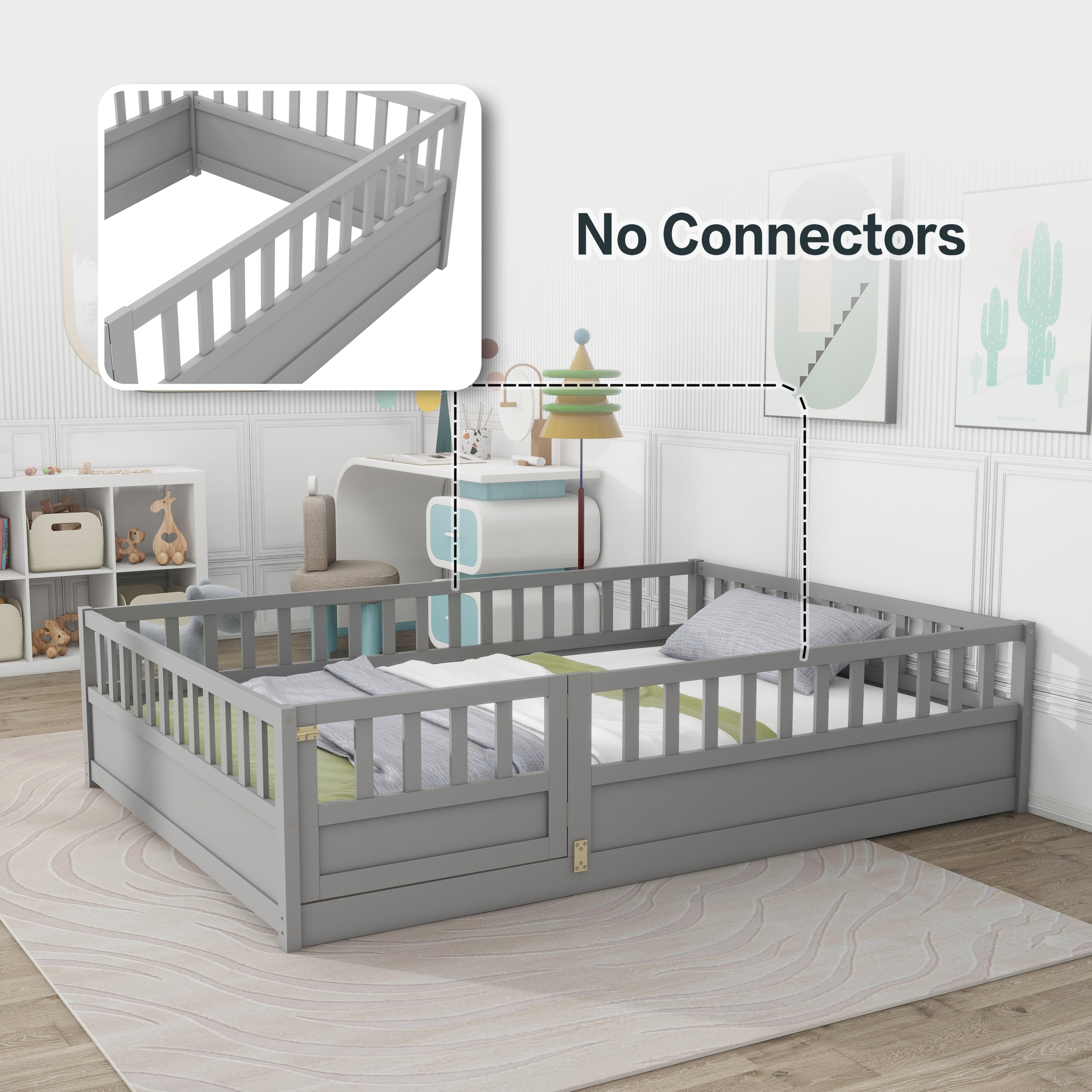 Full size  Floor bed, integral construction with super high security barrier, door, children's floor bed frame, Montessori wooden children's floor bed,  Grey