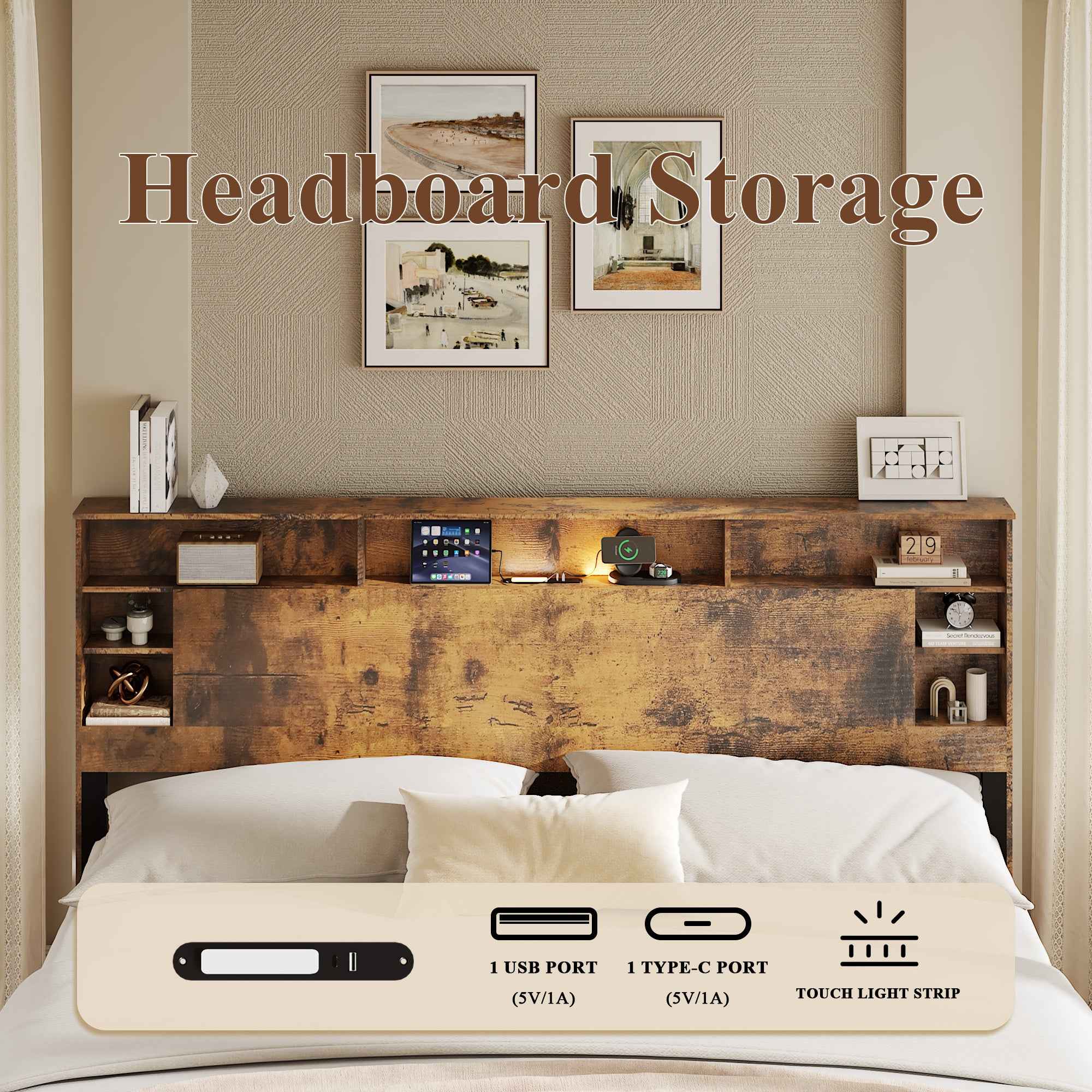 King Size Bed Frame with Storage Headboard, Wood Platform Bed Frame with Charging Station, LED Lights & Bookcase, No Box Spring Needed, Dark Brown