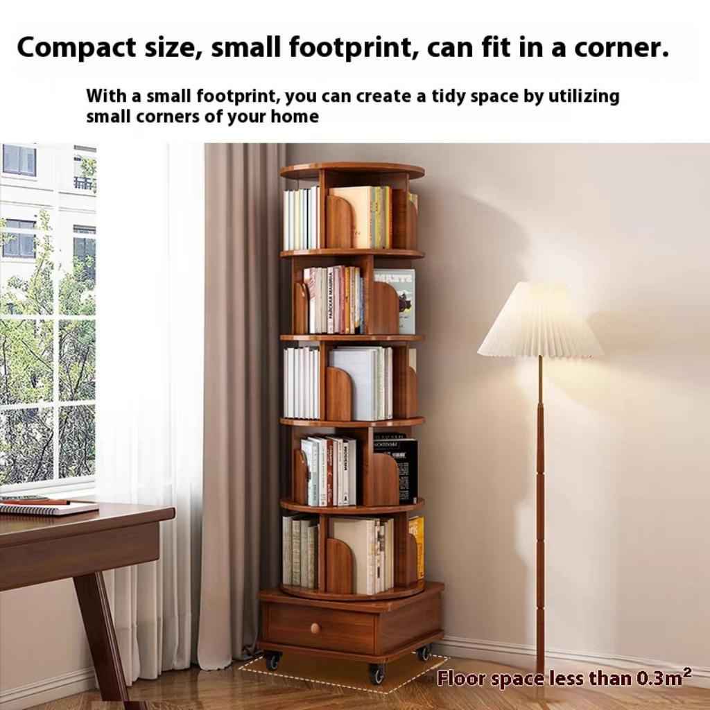 (UPGRADED) Rotating Bookshelf, 360 Display Corner Bookshelf for Small Space, 6 Tier Bookcase Storage Rack with Wheels, Wood Narrow Organizer for Bedroom, Living Room, Study Room, Walnut Brown