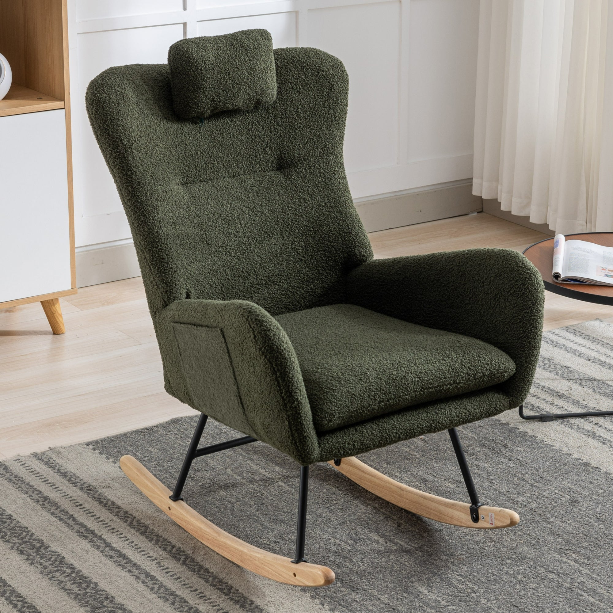 35.5 inch Rocking Chair with Pocket, Soft Teddy Fabric Rocking Chair for Nursery, Comfy Wingback Glider Rocker with Safe Solid Wood Base for Living Room Bedroom Balcony (dark green)