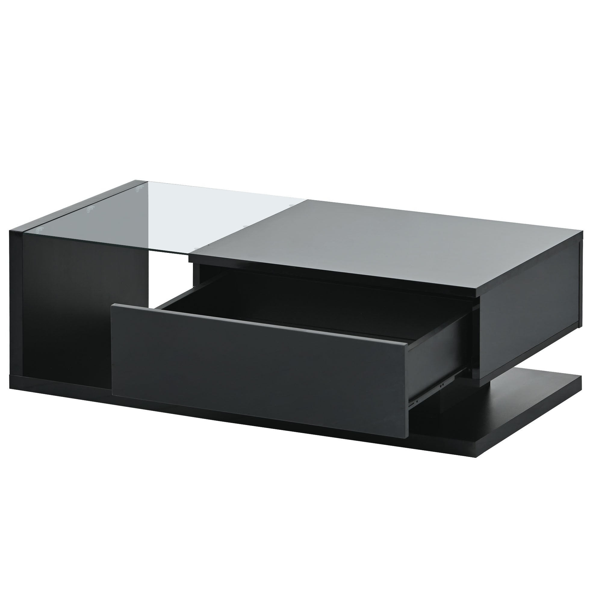 [VIDEO provided] ON-TREND Modern Coffee Table with Tempered Glass, Wooden Cocktail Table with High-gloss UV Surface, Modernist 2-Tier Rectangle Center Table for Living Room, Black