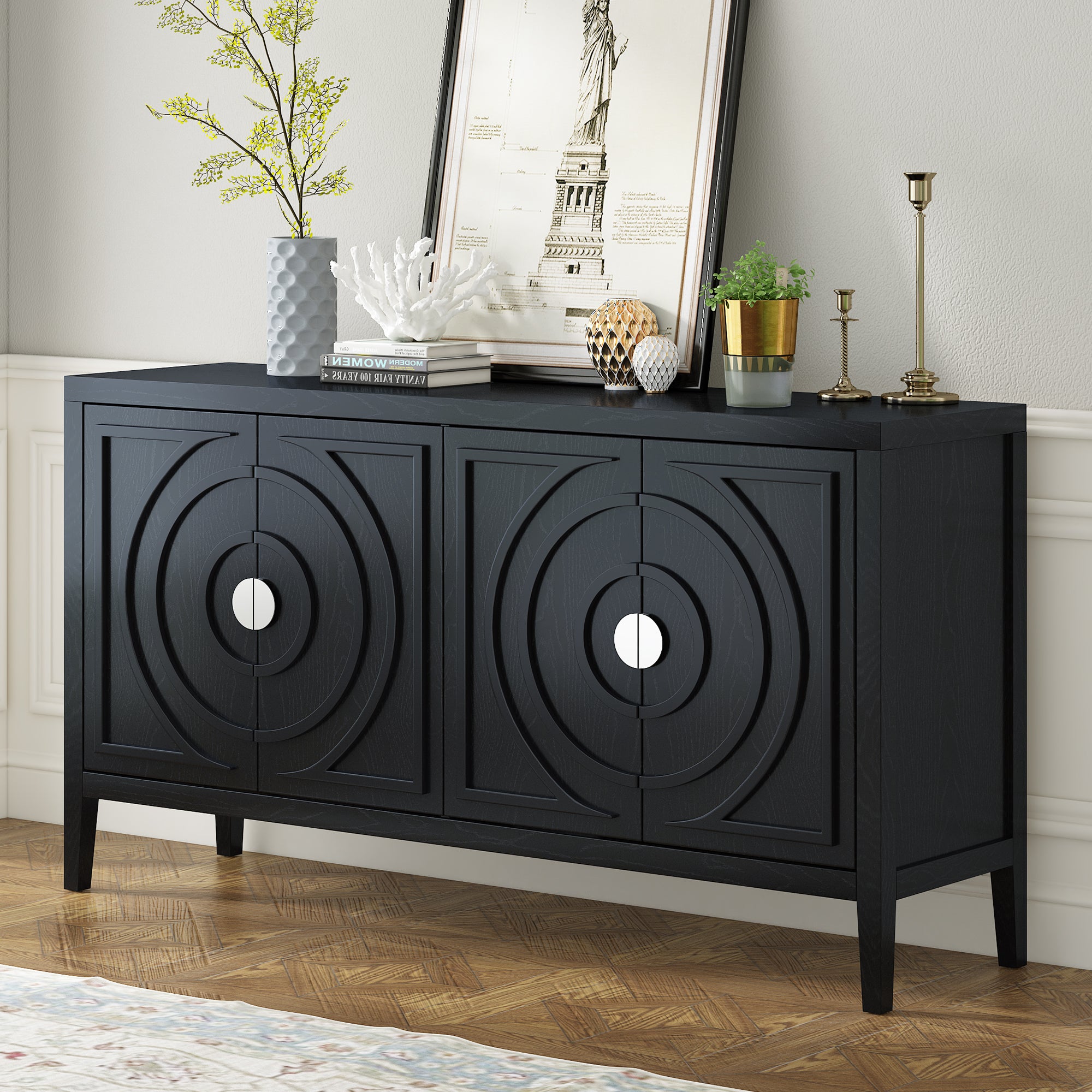 TREXM Retro Sideboard door with Circular Groove Design Round Metal Door Handle for Entrance, Dinning Room, Living Room (Black)