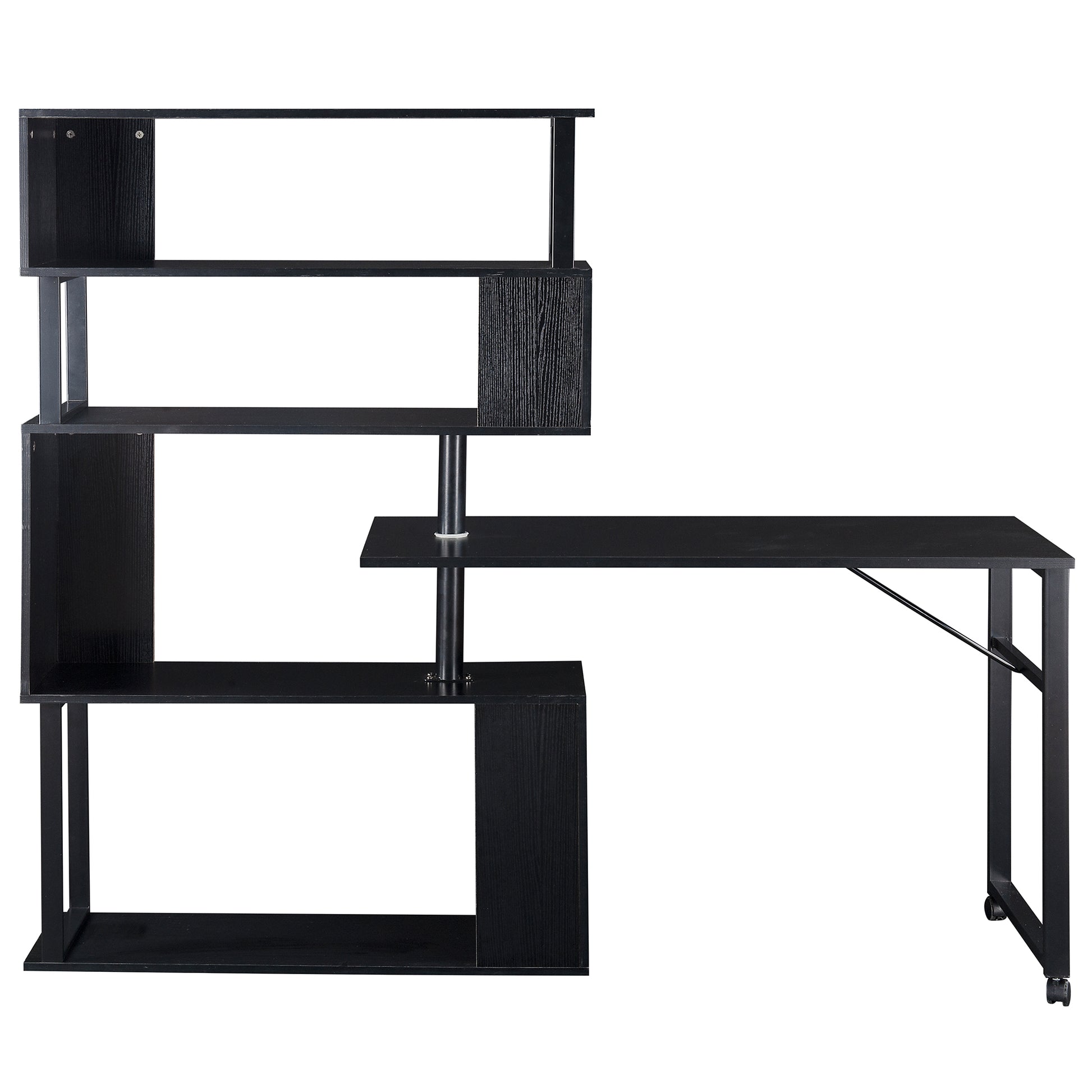 Home Office Computer Desk L-Shaped Corner Table, Rotating Computer Table with 5-Tier Bookshelf, Four Installation Methods, Lockable Casters (Black) - Abrihome