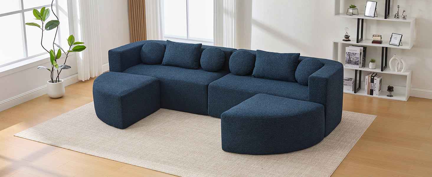 Boneless Couch Modular Sectional Sofa with Deep Seating and Curved Design in Blue Boucle, 114.9 Inches