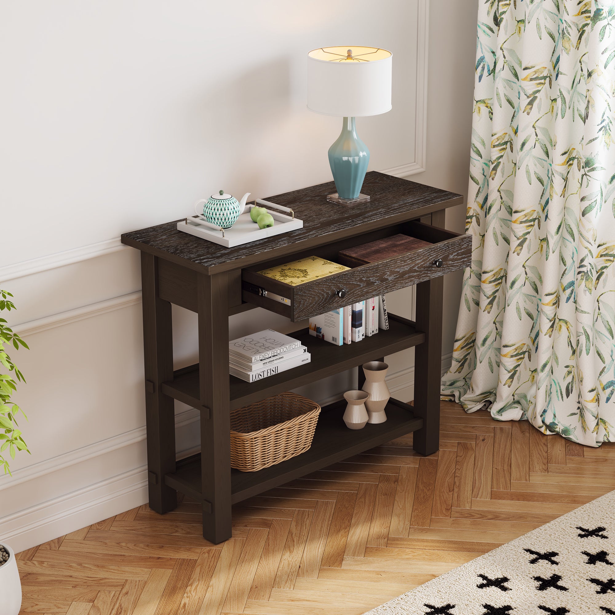 TREXM Retro Console Table with Drawer and Two Sturdy Shelves for Entryway, Living Room (Espresso)