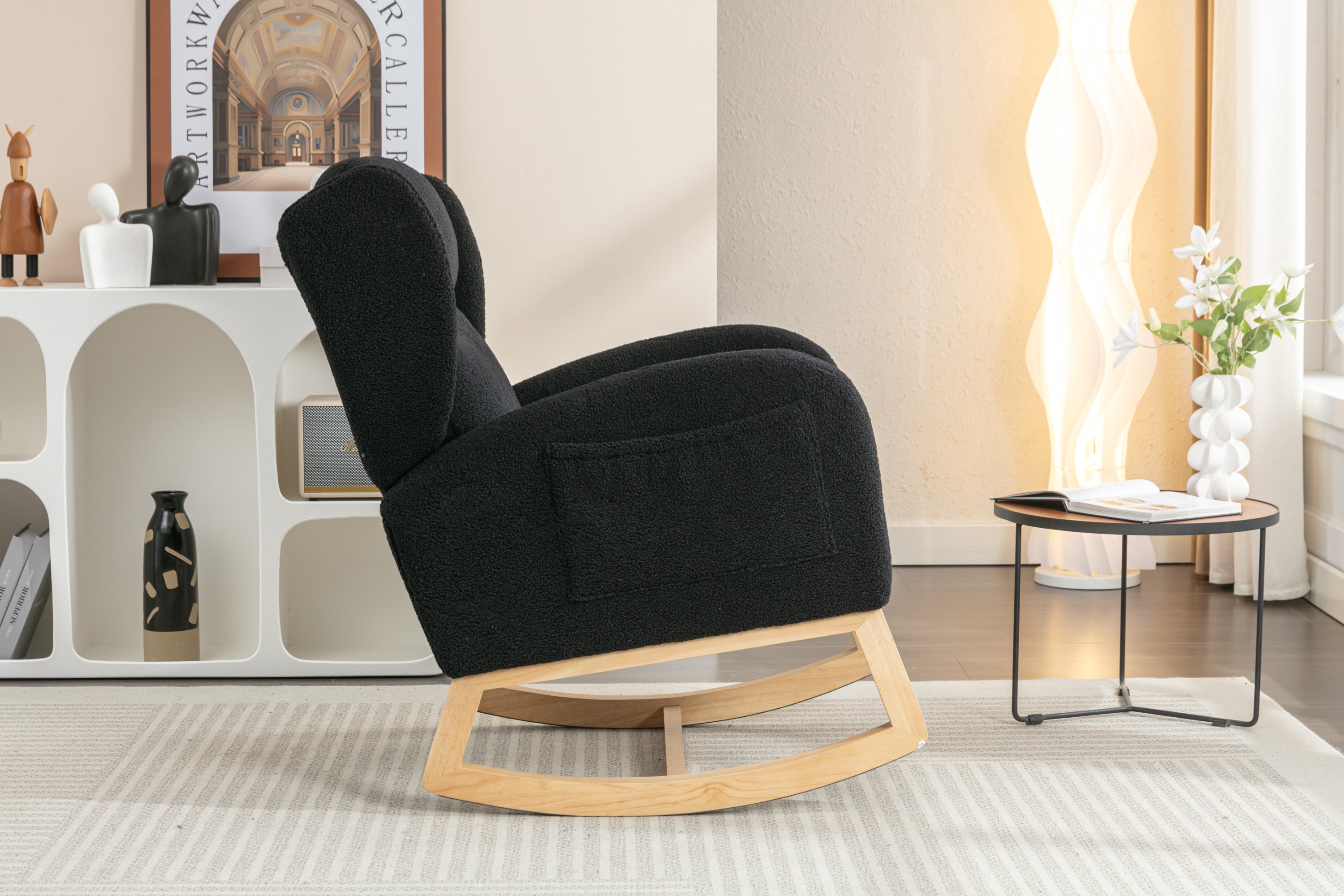 049-Teddy Fabric Rocking Chair With Packet Wood Legs,Black