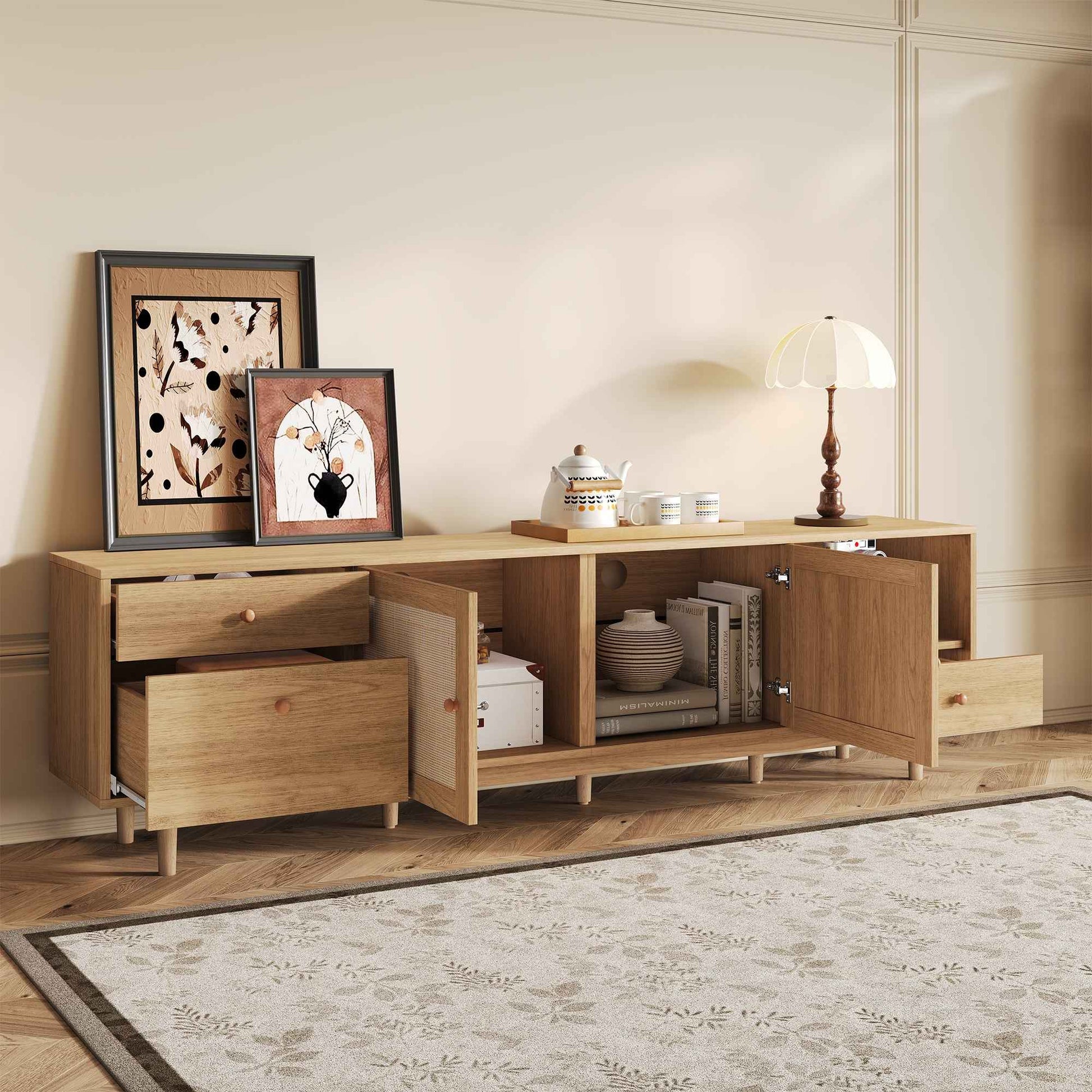 Boho TV Stand for 65 75 85 Inch TV with Real Rattan Doors, Modern Wood Media Console in Natural Finish, 76.6'' L x 15.7'' W x 23.6'' H