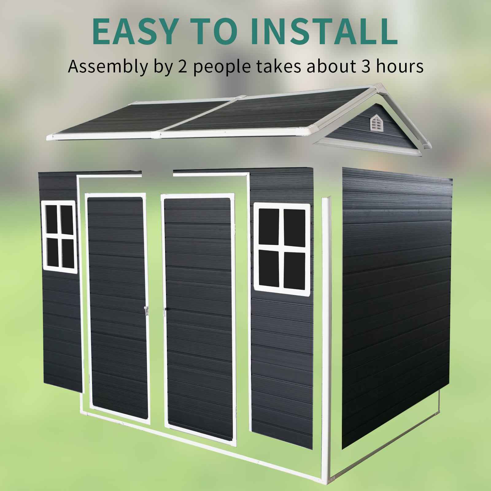 8x4ft Outdoor Resin Garden Shed with Floor and 2 Windows, Plastic Patio Outdoor Storage Shed with Lockable Door for Garden Tools, Bicycles, Trash Cans, Black