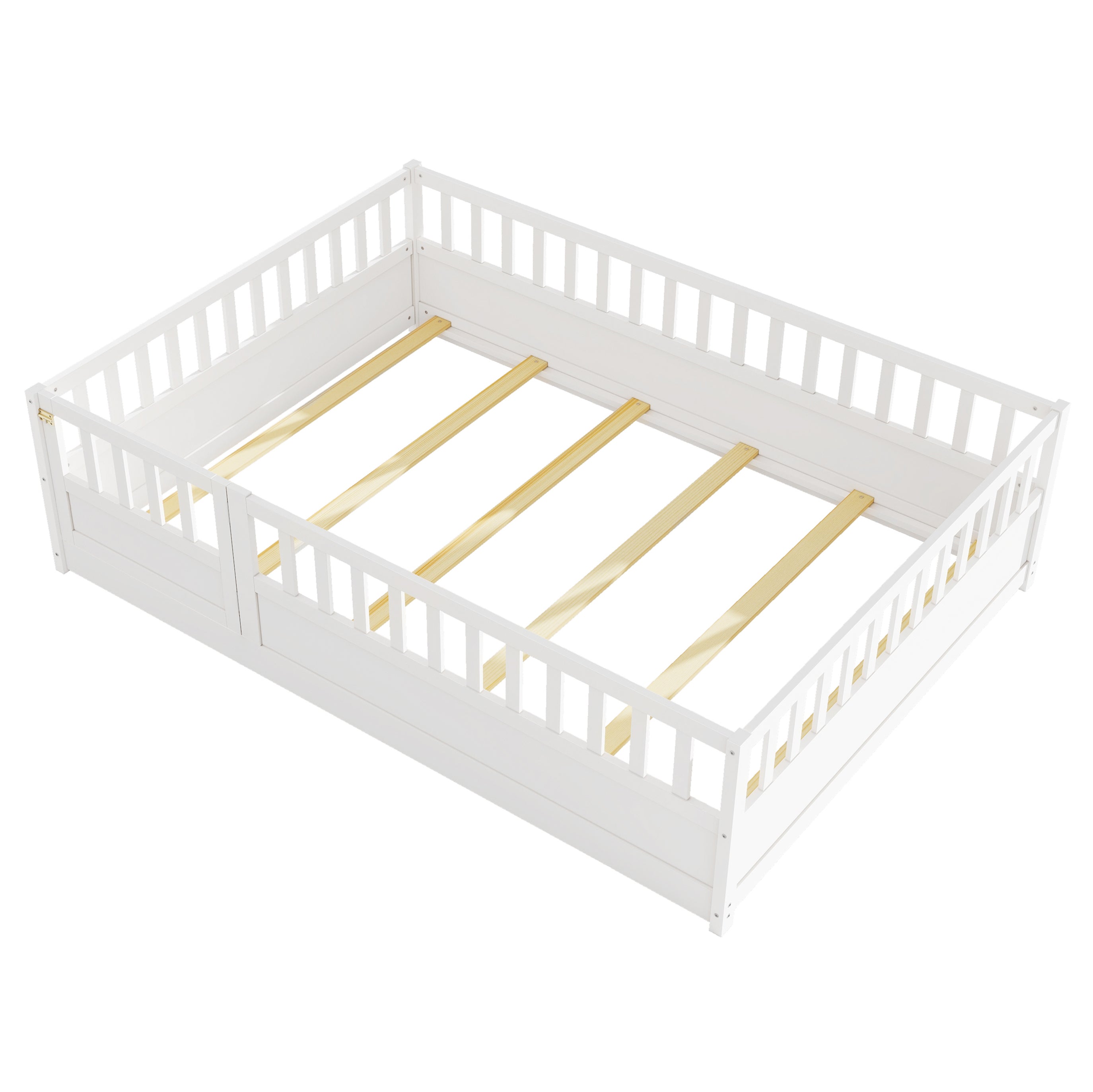 Full size  Floor bed, integral construction with super high security barrier, door, children's floor bed frame, Montessori wooden children's floor bed, Support slat white