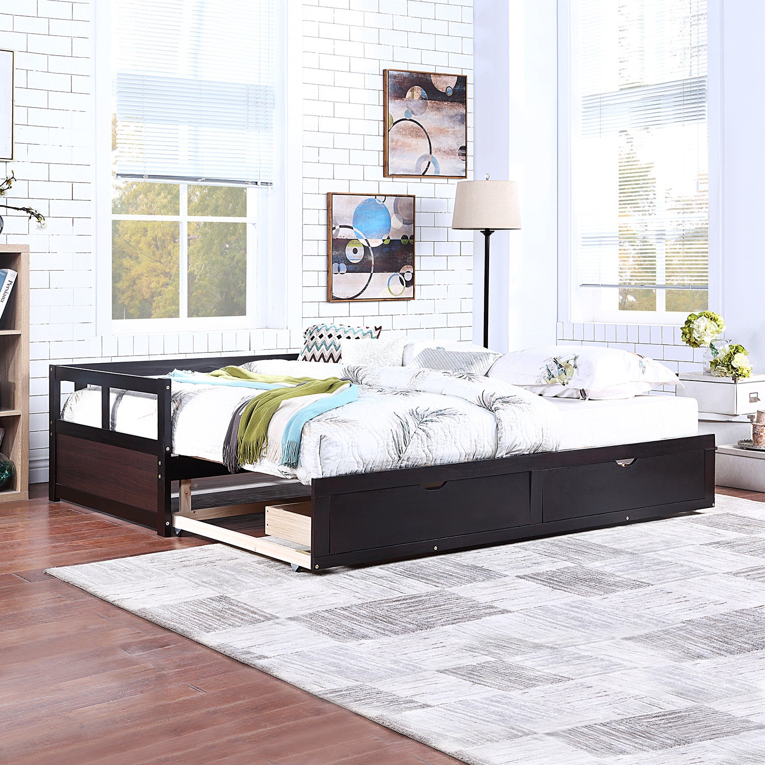 Wooden Daybed with Trundle Bed and Two Storage Drawers , Extendable Bed Daybed,Sofa Bed for Bedroom Living Room,Espresso