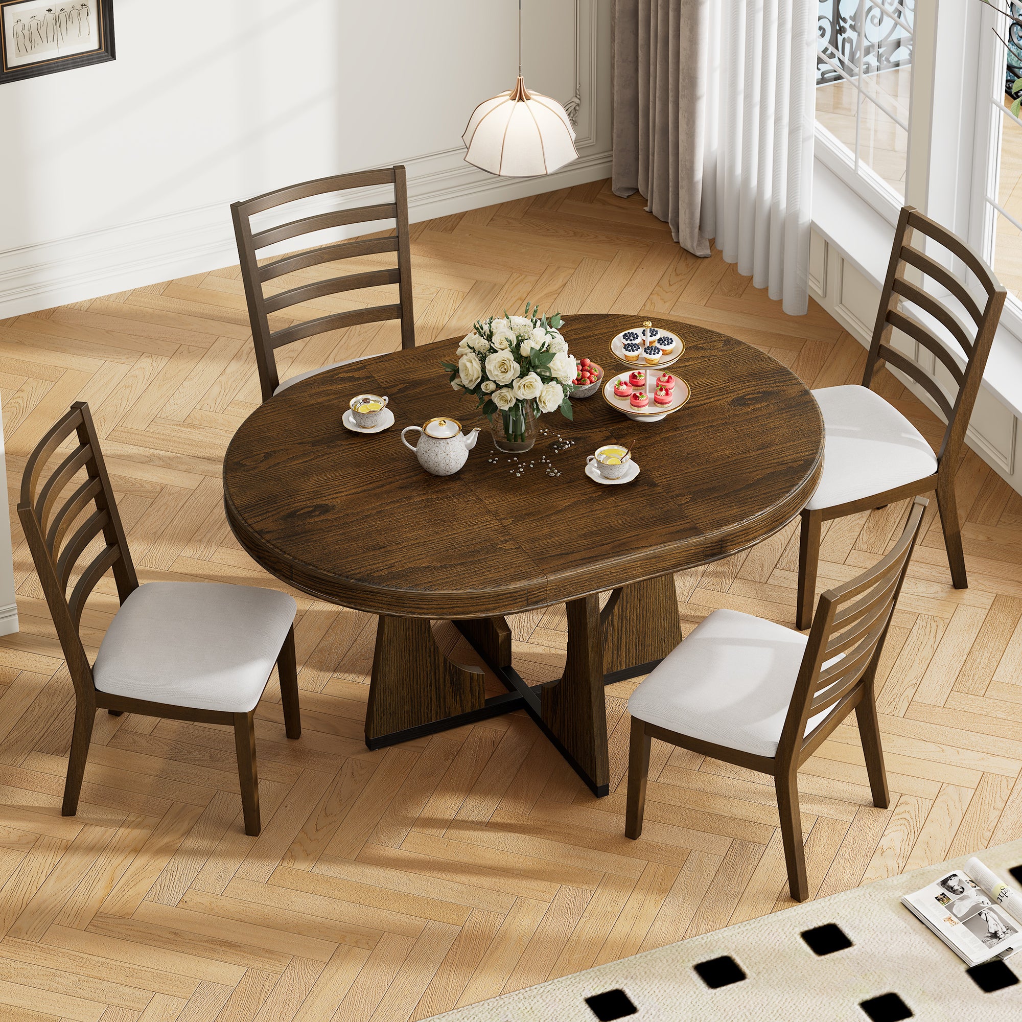 TREXM 5-Piece Retro Rustic Functional Dining Set Unique Geometric Design, 1 Extendable Table with a 16-inch Leaf and 4 Upholstered Chairs Ideal for Dining Room and Kitchen (Walnut)