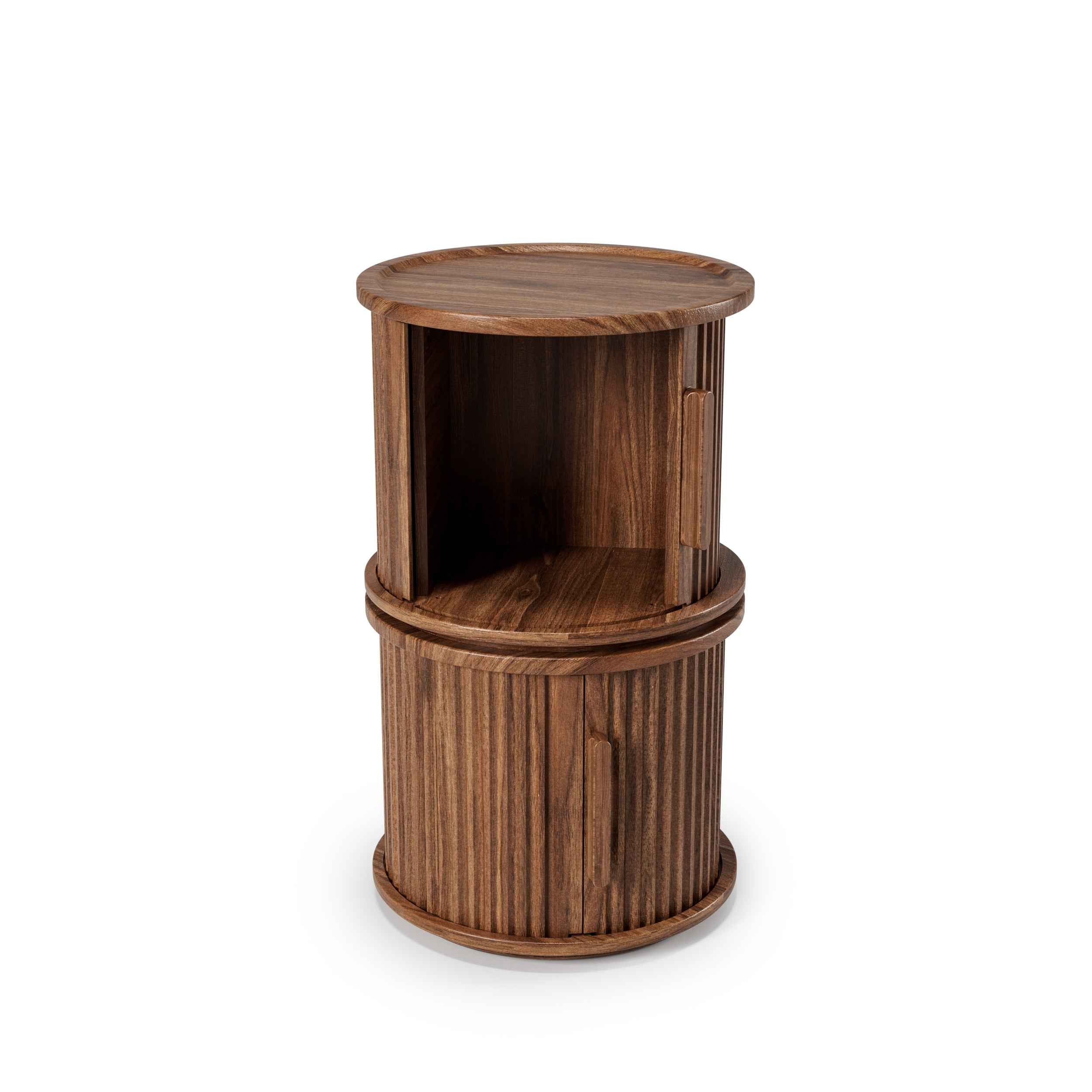 2-Piece Round Coffee Table Set, Modern Nesting Side Tables with Sliding Door Storage, Walnut Finish Sofa End Table & Bedside Nightstand for Living Room & Bedroom, Fluted Roman Column Design Accent Tab