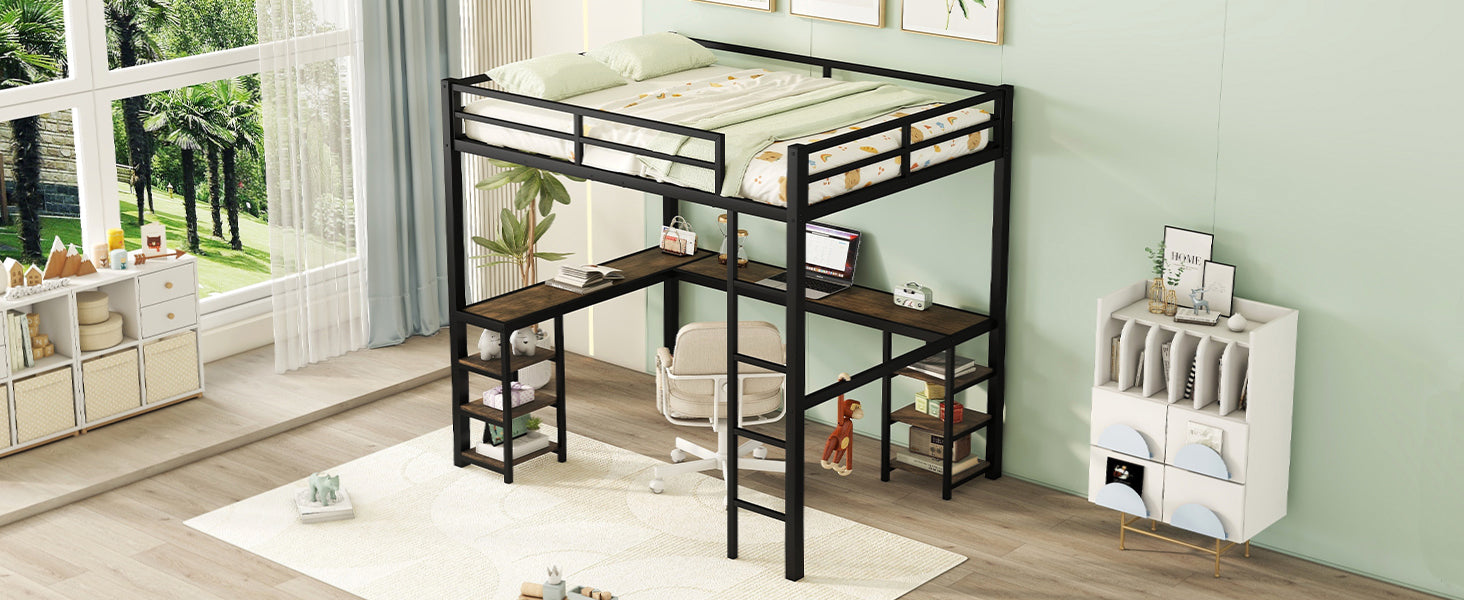 Full Metal Loft Bed with Desk and Shelves, Loft Bed with Ladder and Guardrails, Loft Bed Frame for Bedroom, Black (Old SKU: W1307S00018)