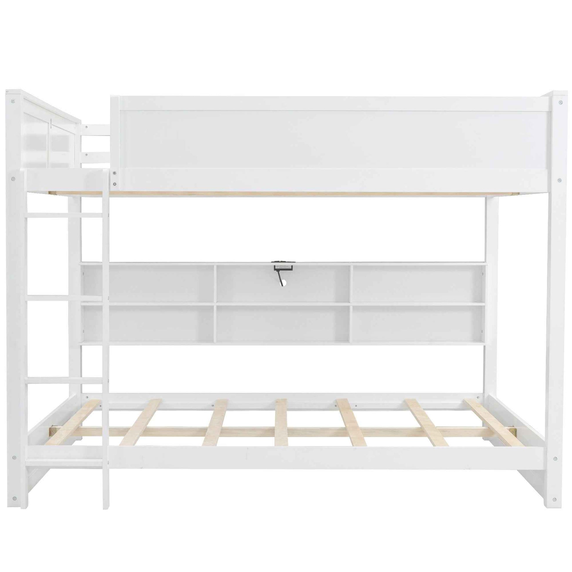 White Queen over Queen Bunk Bed with Storage Cabinets and USB Ports, Pine Wood+MDF