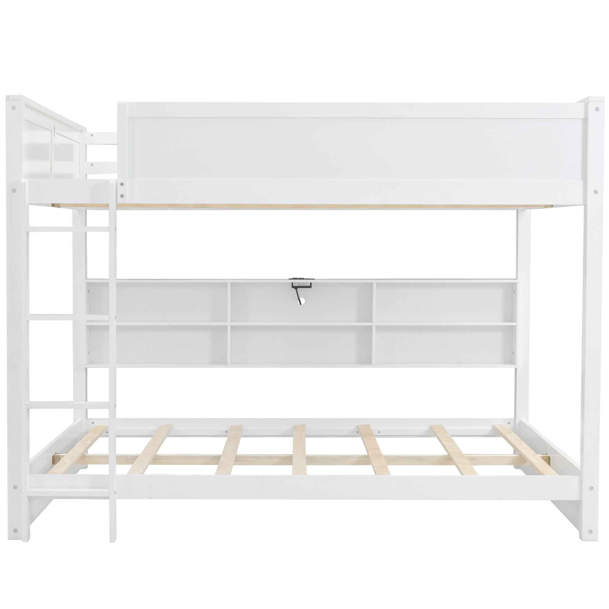 White Queen over Queen Bunk Bed with Storage Cabinets and USB Ports, Pine Wood+MDF