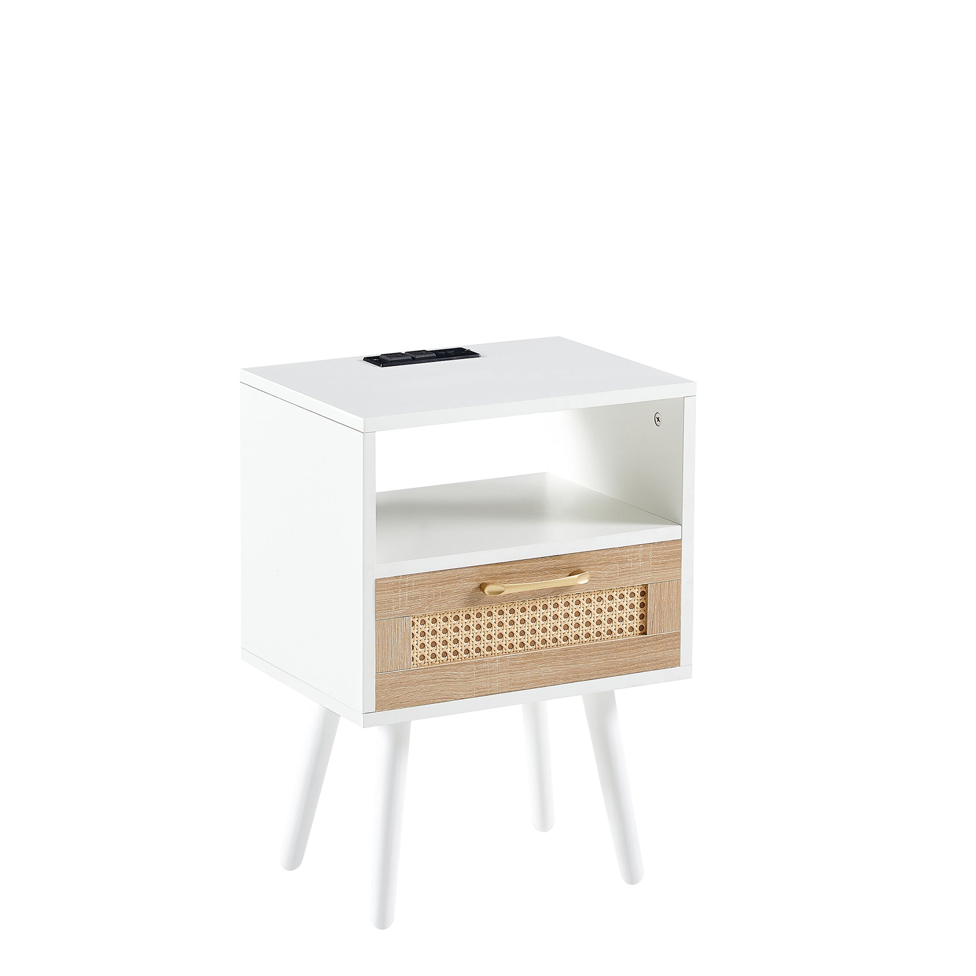 15.75" Rattan End table with Power Outlet  & USB Ports , Modern nightstand with drawer and solid wood legs, side table for living room, bedroom, white - Abrihome