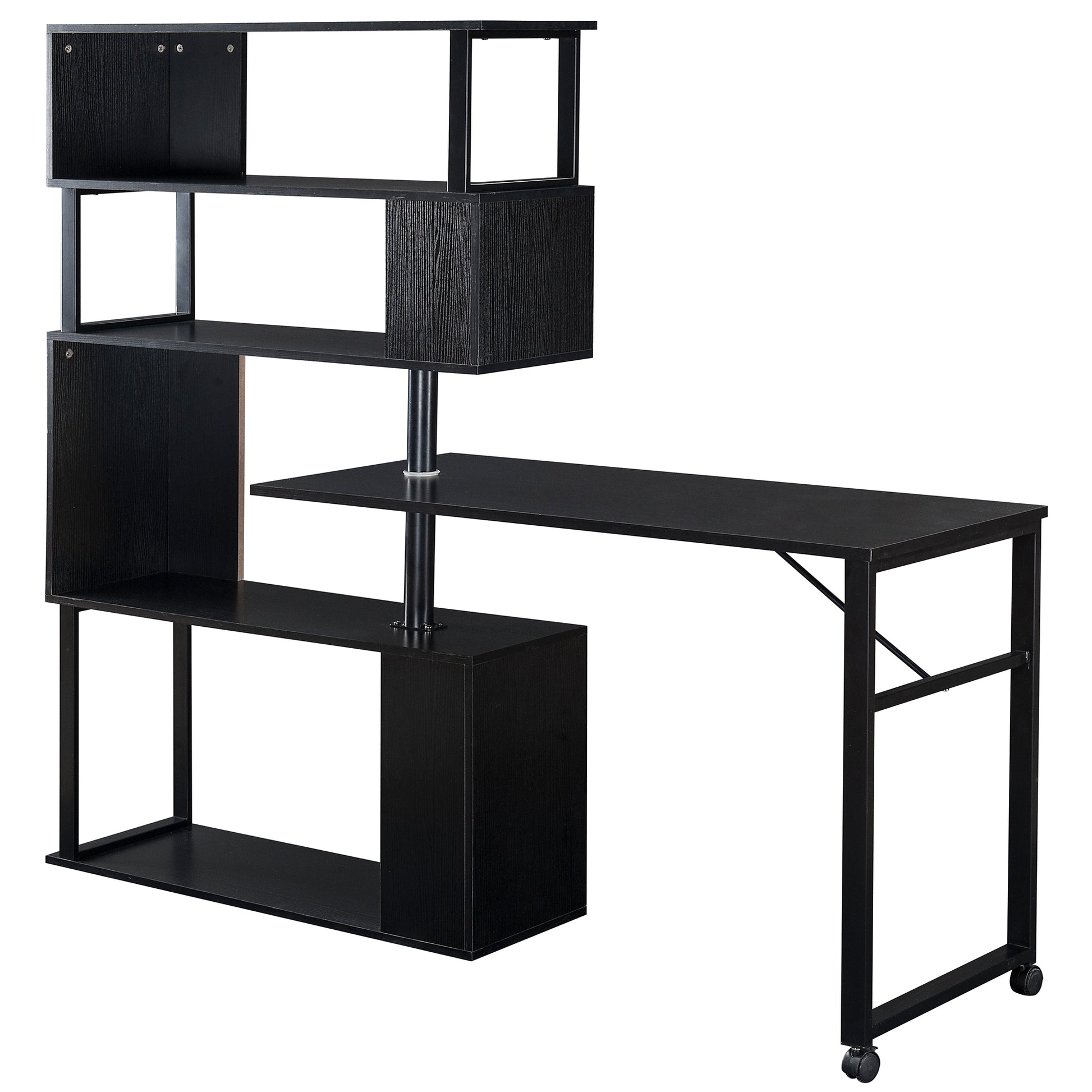 Home Office Computer Desk L-Shaped Corner Table, Rotating Computer Table with 5-Tier Bookshelf, Four Installation Methods, Lockable Casters (Black) - Abrihome