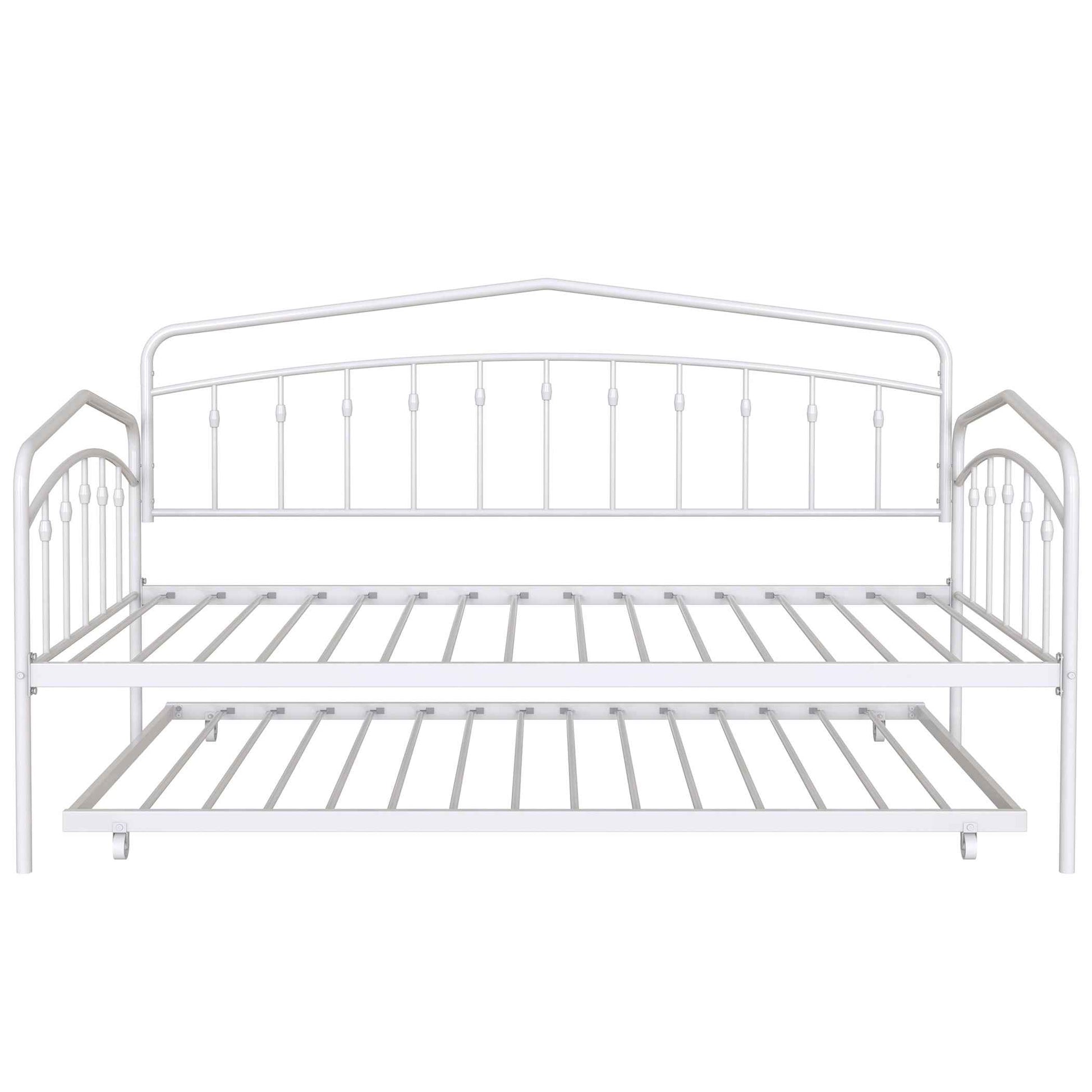 Fox Twin Metal Daybed with Trundle Bed Frame Set, Easy Assembly, Space Saving, Heavy Duty Metal Slat Support, Sofa Bed for Living Room, Bedroom, Guest Room, Kids Room, White