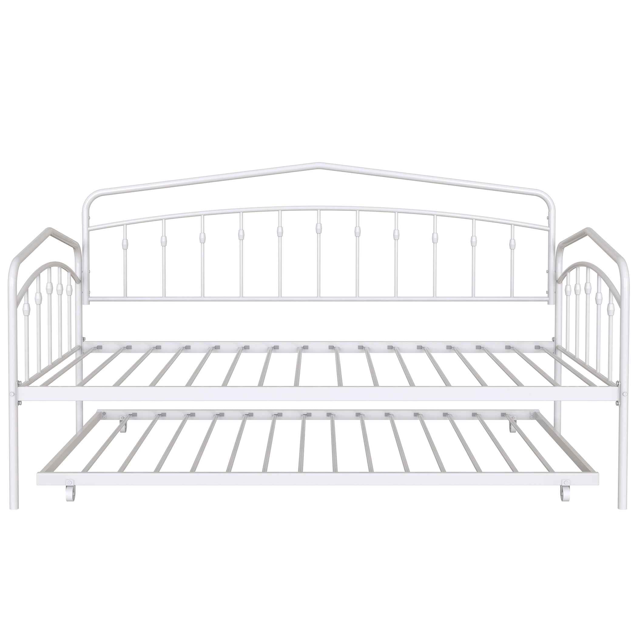 Fox Twin Metal Daybed with Trundle Bed Frame Set, Easy Assembly, Space Saving, Heavy Duty Metal Slat Support, Sofa Bed for Living Room, Bedroom, Guest Room, Kids Room, White