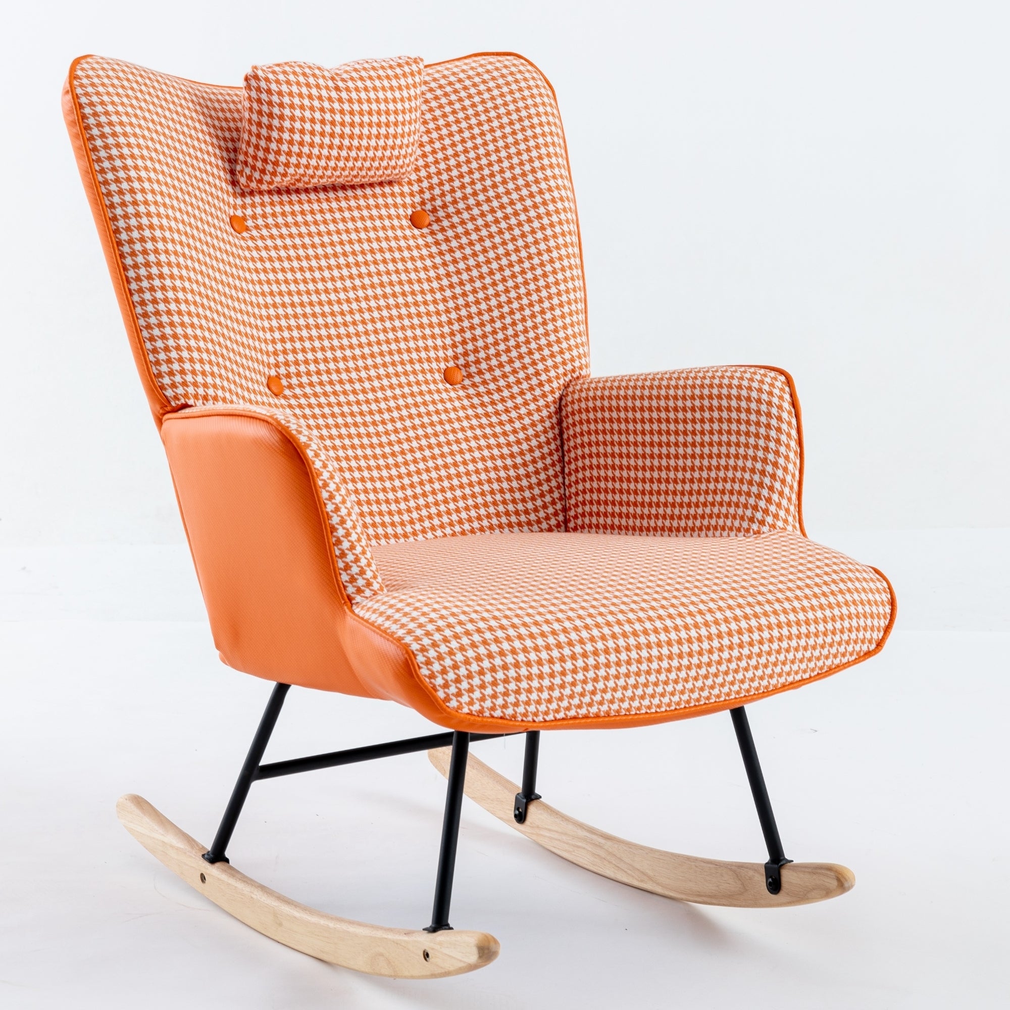 35.5 inch Rocking Chair, Soft Houndstooth Fabric Leather Fabric Rocking Chair for Nursery, Comfy Wingback Glider Rocker with Safe Solid Wood Base for Living Room Bedroom Balcony (orange)