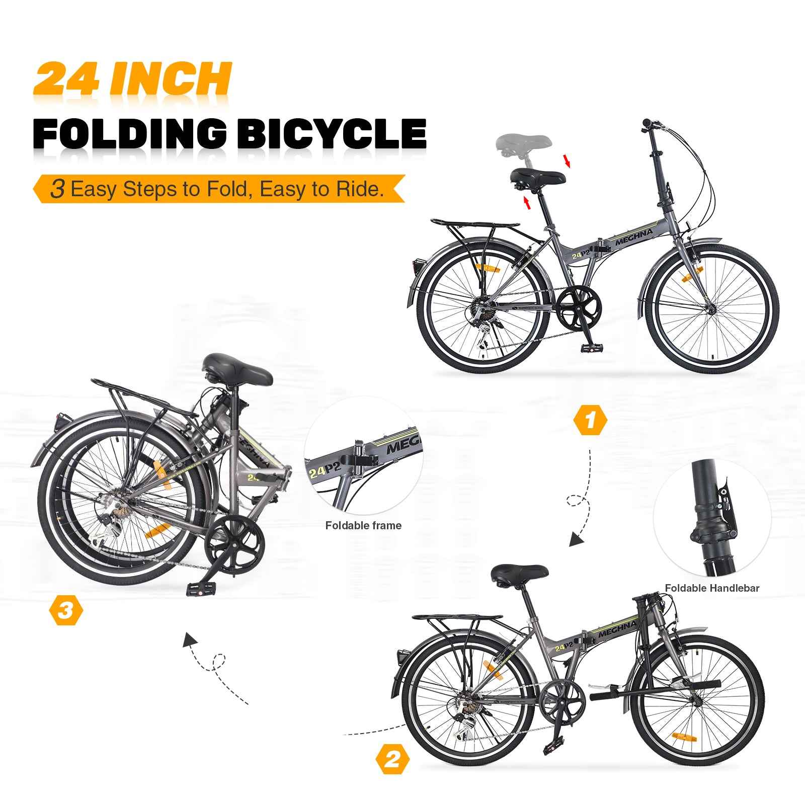 24' Folding City Bike Steel Frame 7 Speed Folding Bike
