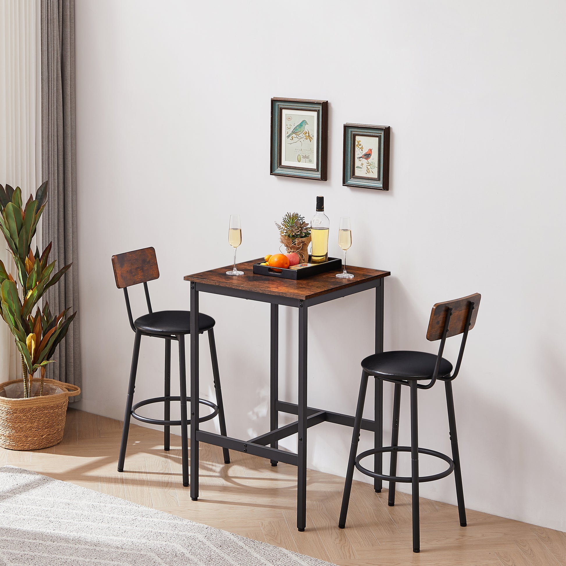 Bar Table Set with 2 Bar stools PU Soft seat with backrest, Rustic Brown, 23.62'' W x 23.62'' D x 35.43'' H - Abrihome