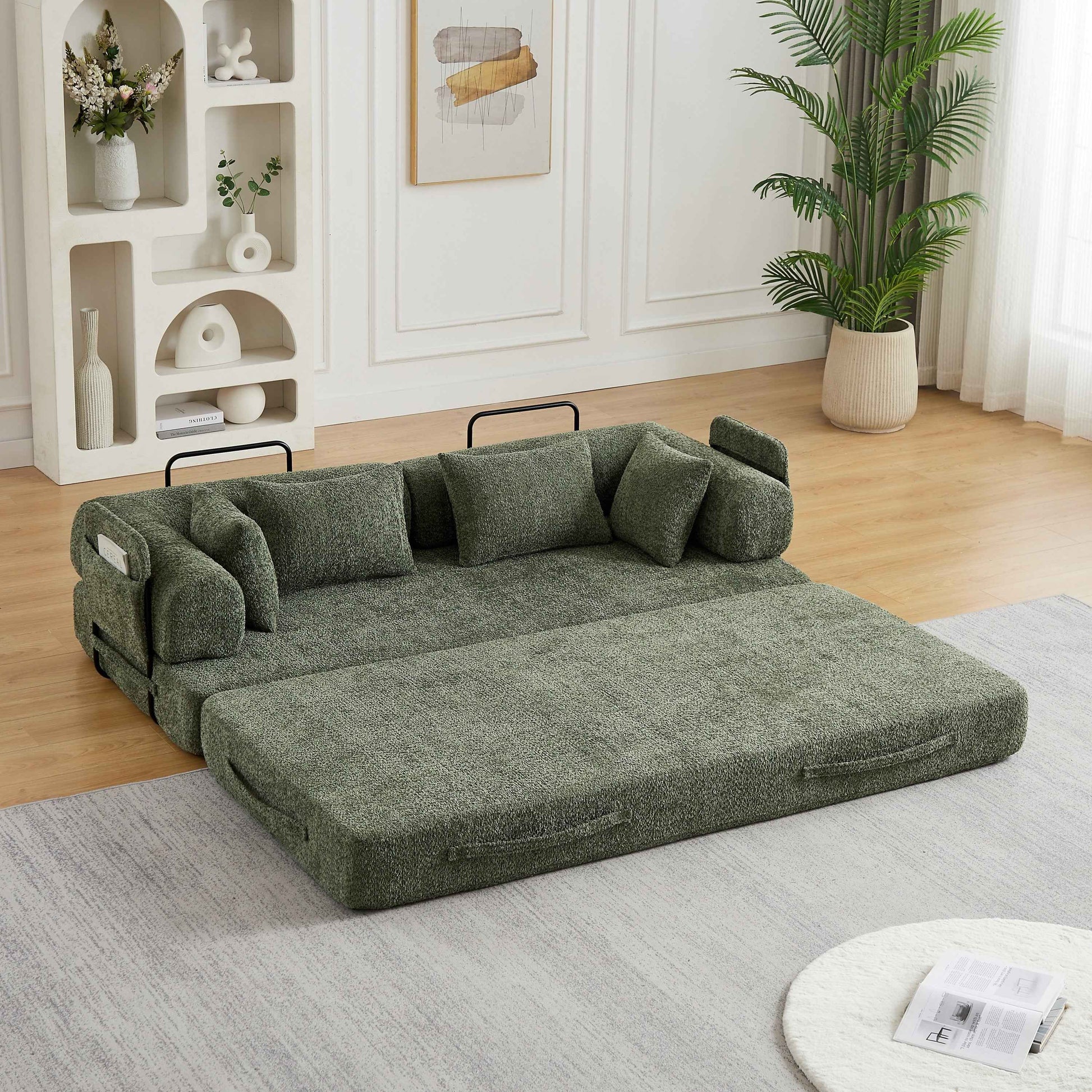 Green Chenille Convertible Sleeper Sofa Bed with Cylindrical Pillow, Folding Mattress Couch with Side Pocket for Living Room Bedroom Lounge Studio