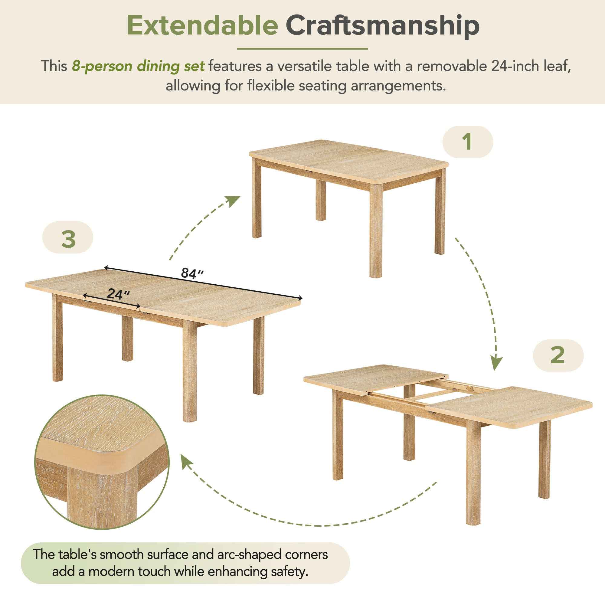 TOPMAX Rustic Extendable Dining Table Set with Removable Leaf, 6 Upholstered Armless Dining Chairs and 2 Padded Arm Chairs, Natural