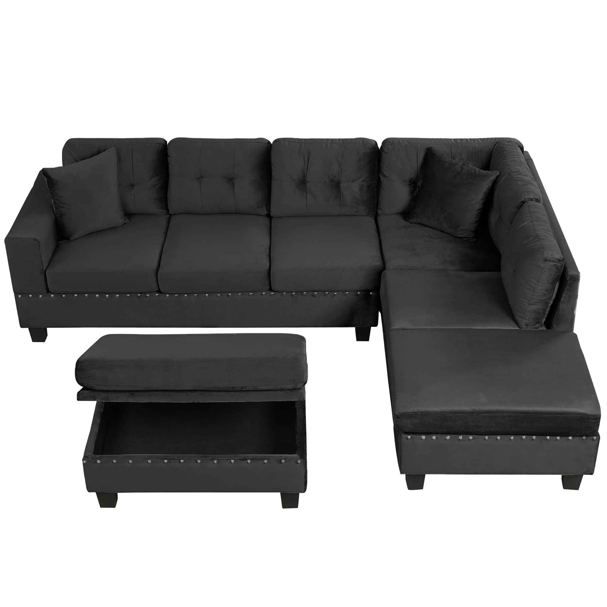 Modern Sectional Sofa with Storage Ottoman, L-Shape Couch with 2 Pillows and Cup Holders, Black Velvet, 105'