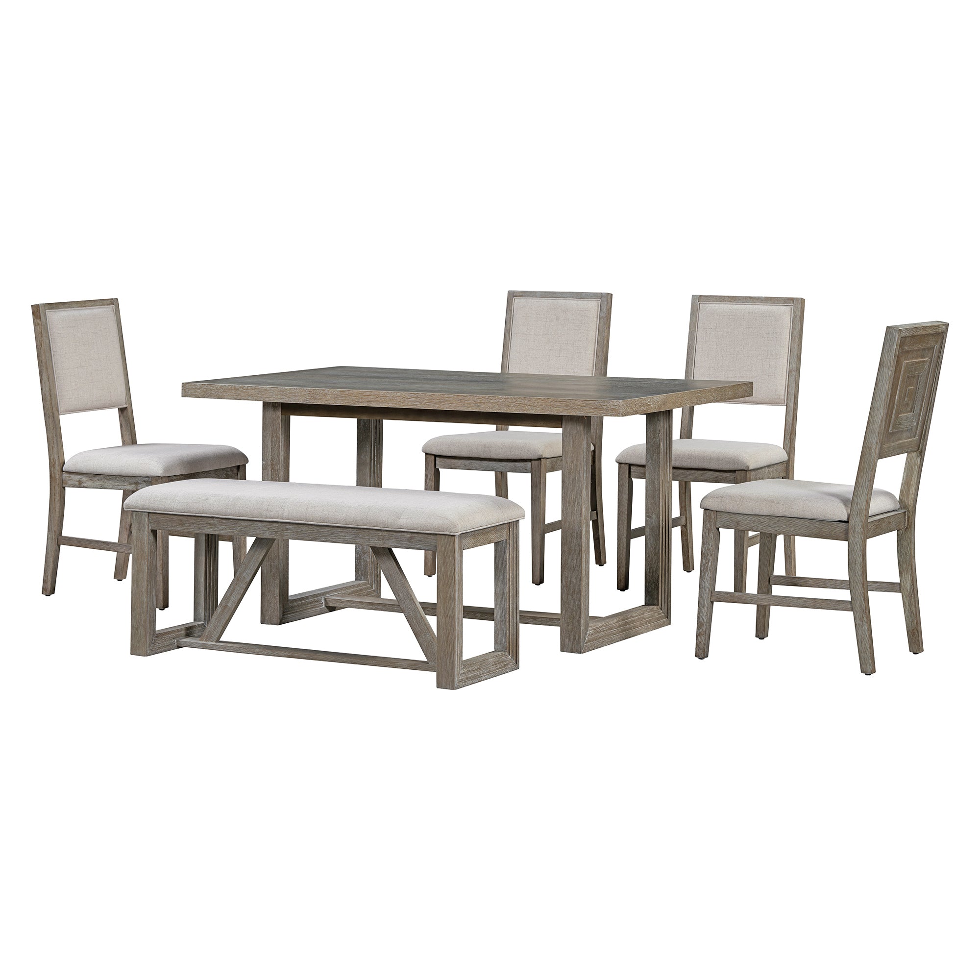 TREXM 6-Piece Retro Dining Set, 1 Rectangular Table with Designed Trestle Base and 4 Upholstered Chairs and 1 Bench for Dining Room and Kitchen (Gray)