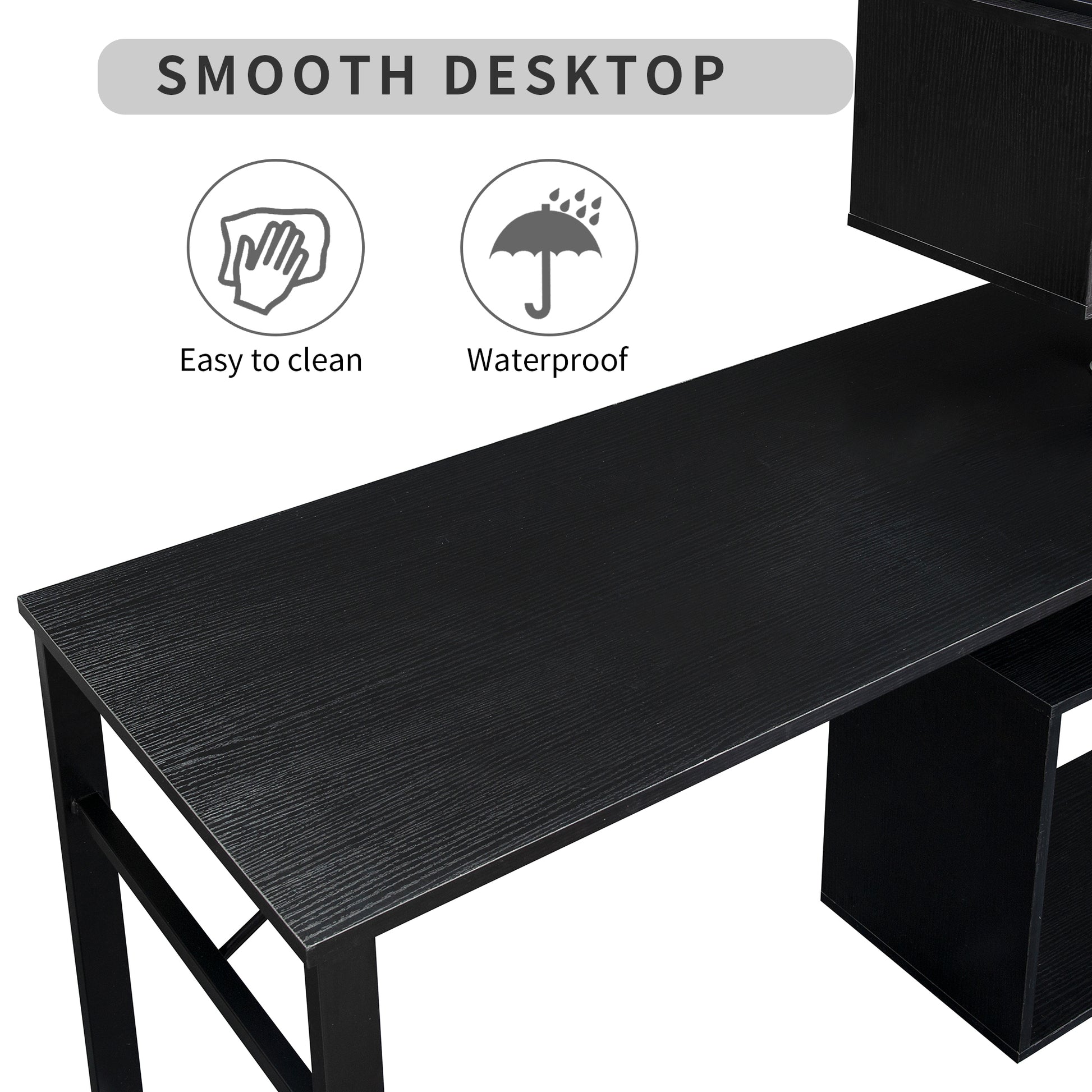 Home Office Computer Desk L-Shaped Corner Table, Rotating Computer Table with 5-Tier Bookshelf, Four Installation Methods, Lockable Casters (Black) - Abrihome