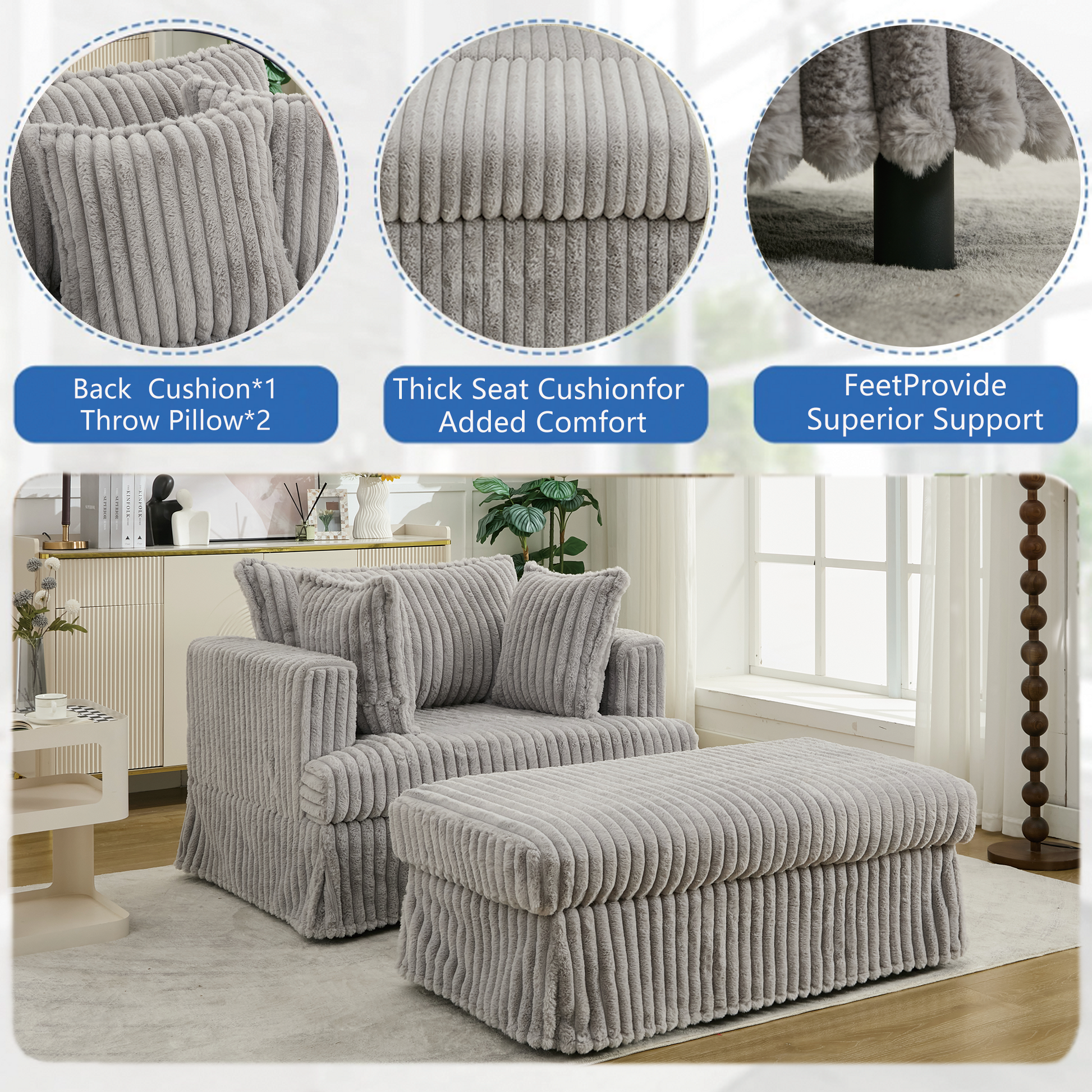 [NEW ARRIVED] 47.7'' Oversized Corduroy Chaise Longue with Ottoman,  Deep Seat  Reclining Chair Sofa, Comfy Thicked Upholstered Pad Chair ,with Foot Stool ,OVERSIZE, Movable Ottoman,Light Gray