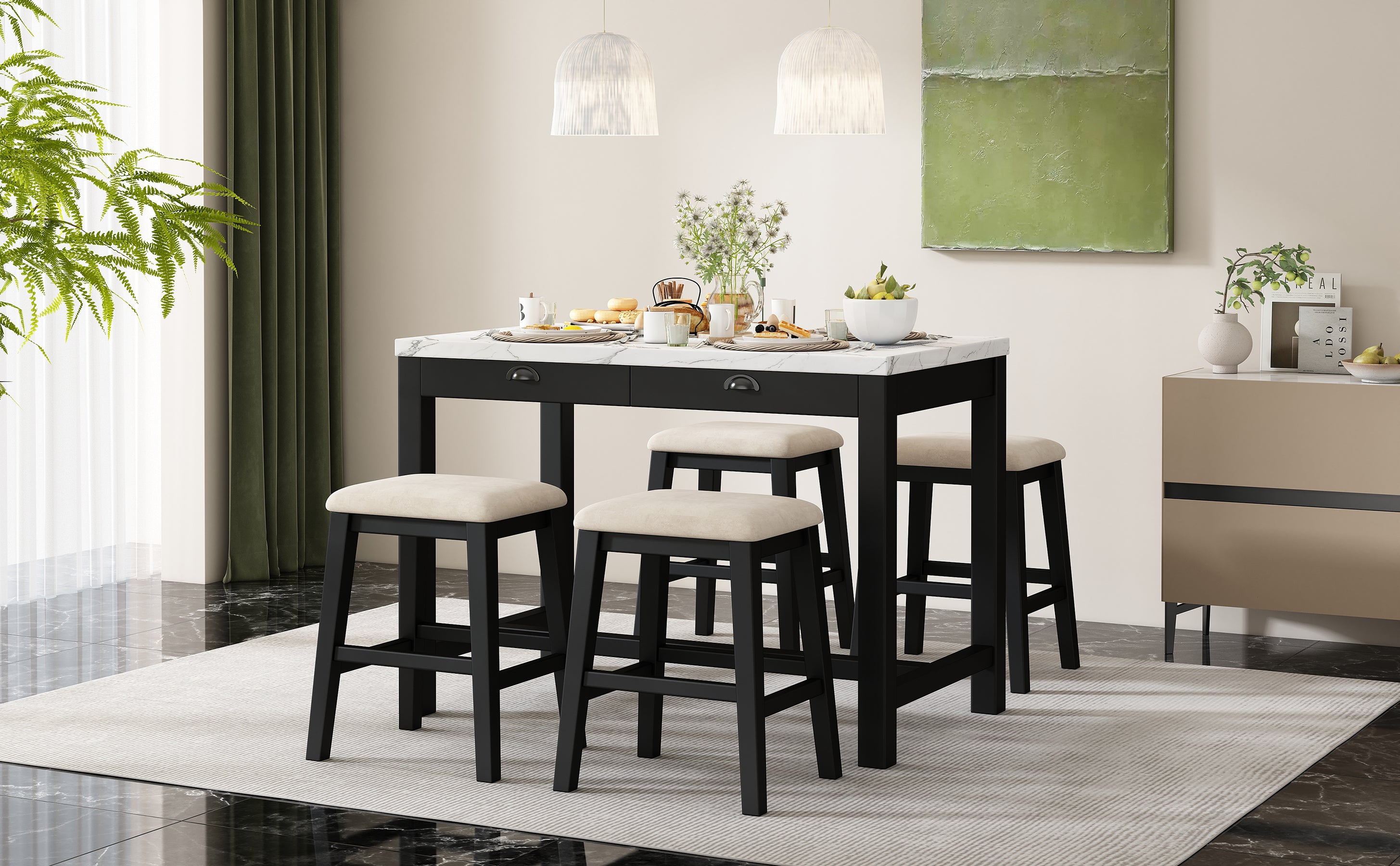 TREXM 3-Piece Modern Faux Marble Versatile Bar Table Set with Storage Drawers and Padded Stools, Ideal for Space-Saving Dining Nooks or Small Kitchens (Black)