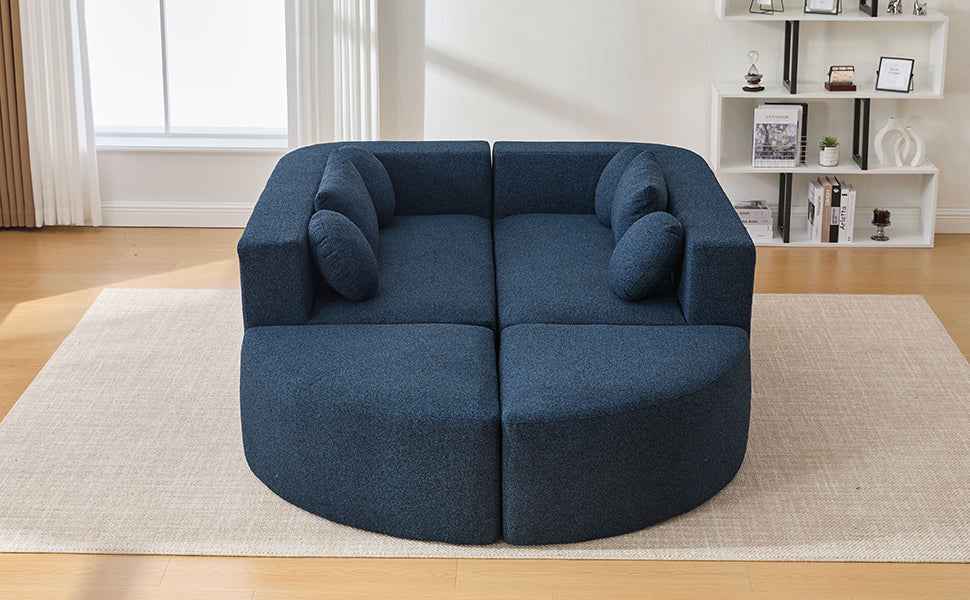 Boneless Couch Modular Sectional Sofa with Deep Seating and Curved Design in Blue Boucle, 114.9 Inches