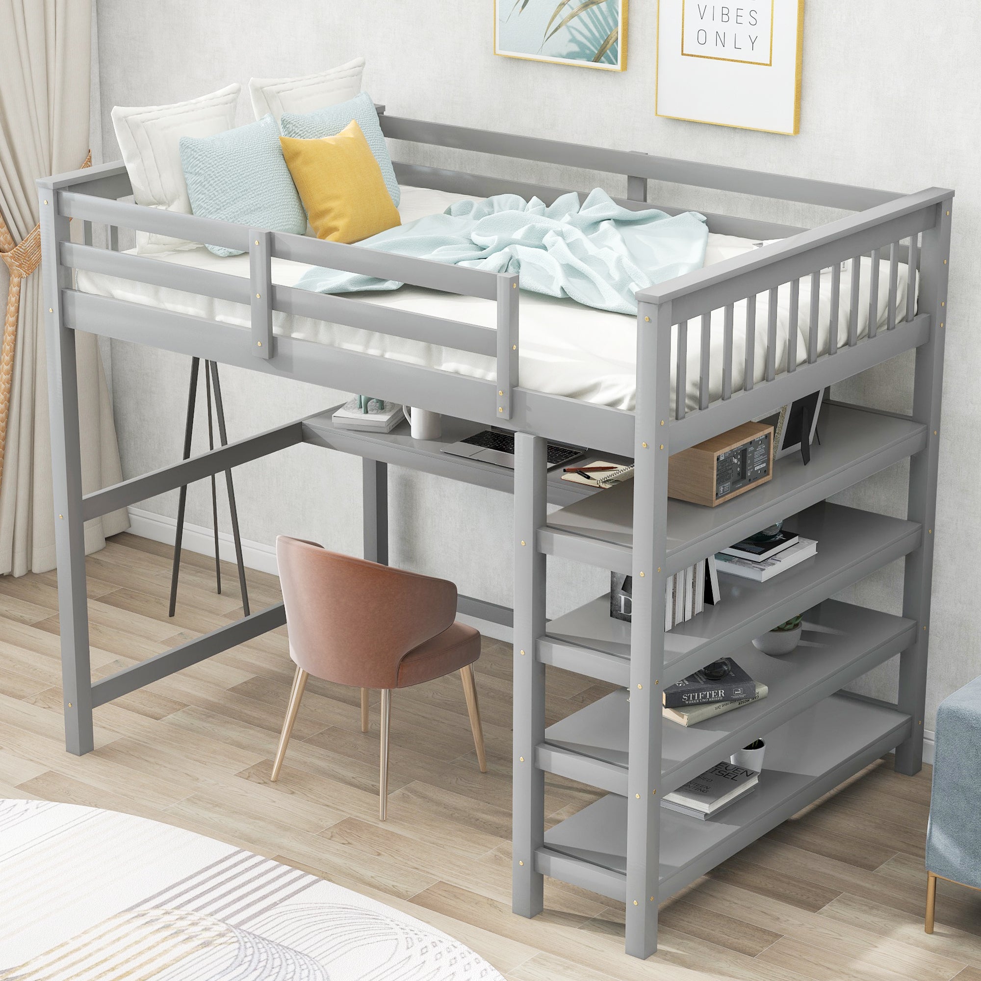 Full Size Loft Bed with Storage Shelves and Under-bed Desk, Gray(OLD SKU:SM000246AAE-1)