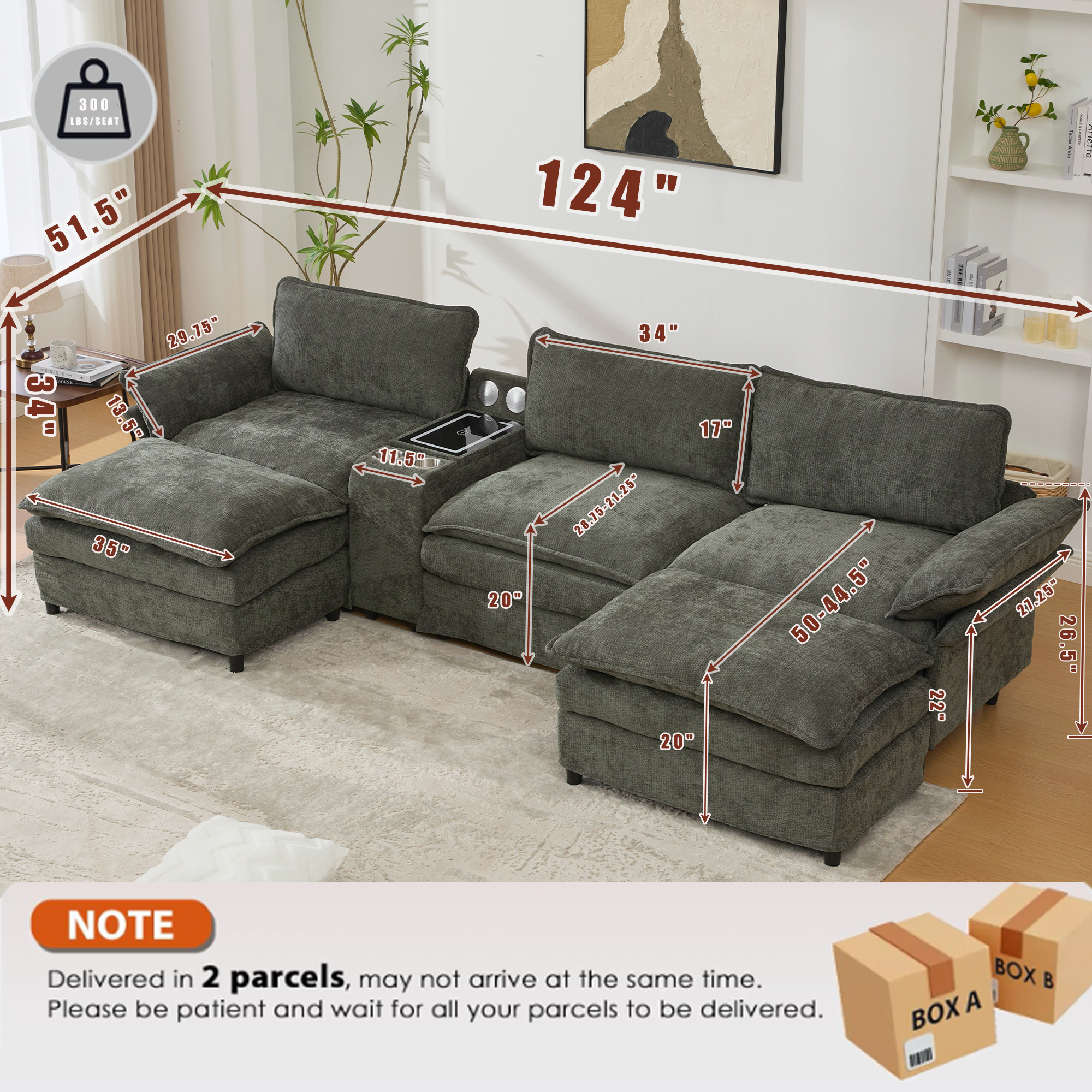 [NEW ARRIVED] [VIDEO PROVIDED]U Shaped Modular Sectional Sofa,Storage Console & Wireless Charging,2 Cup Holders,Bluetooth Speakers,2 Movable Footstools,Adjustable handrail,Movable seat,Chenille,Green