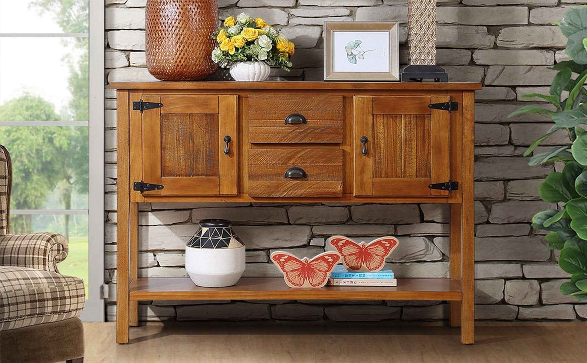 46'' Solid Wood Sideboard Console Table with 2 Drawers and Cabinets and Bottom Shelf, Retro Style Storage Dining Buffet Server Cabinet for Living Room Kitchen Dining Room(Brown)