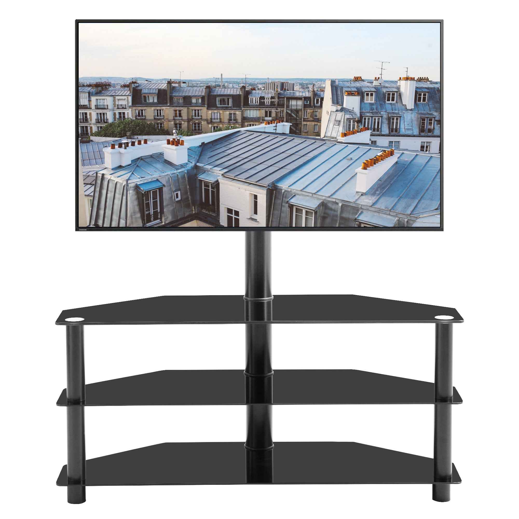 Modern Black Multi-function TV Stand with Height Adjustable Swivel Bracket and 3-Tier Tempered Glass