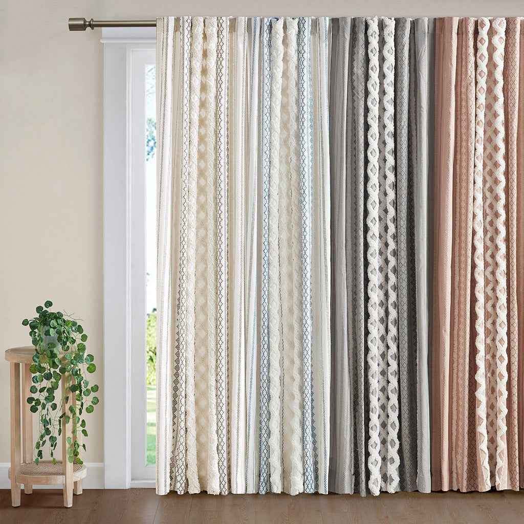Cotton Printed Curtain Panel with Chenille Stripe and Lining White/Navy 50x95'