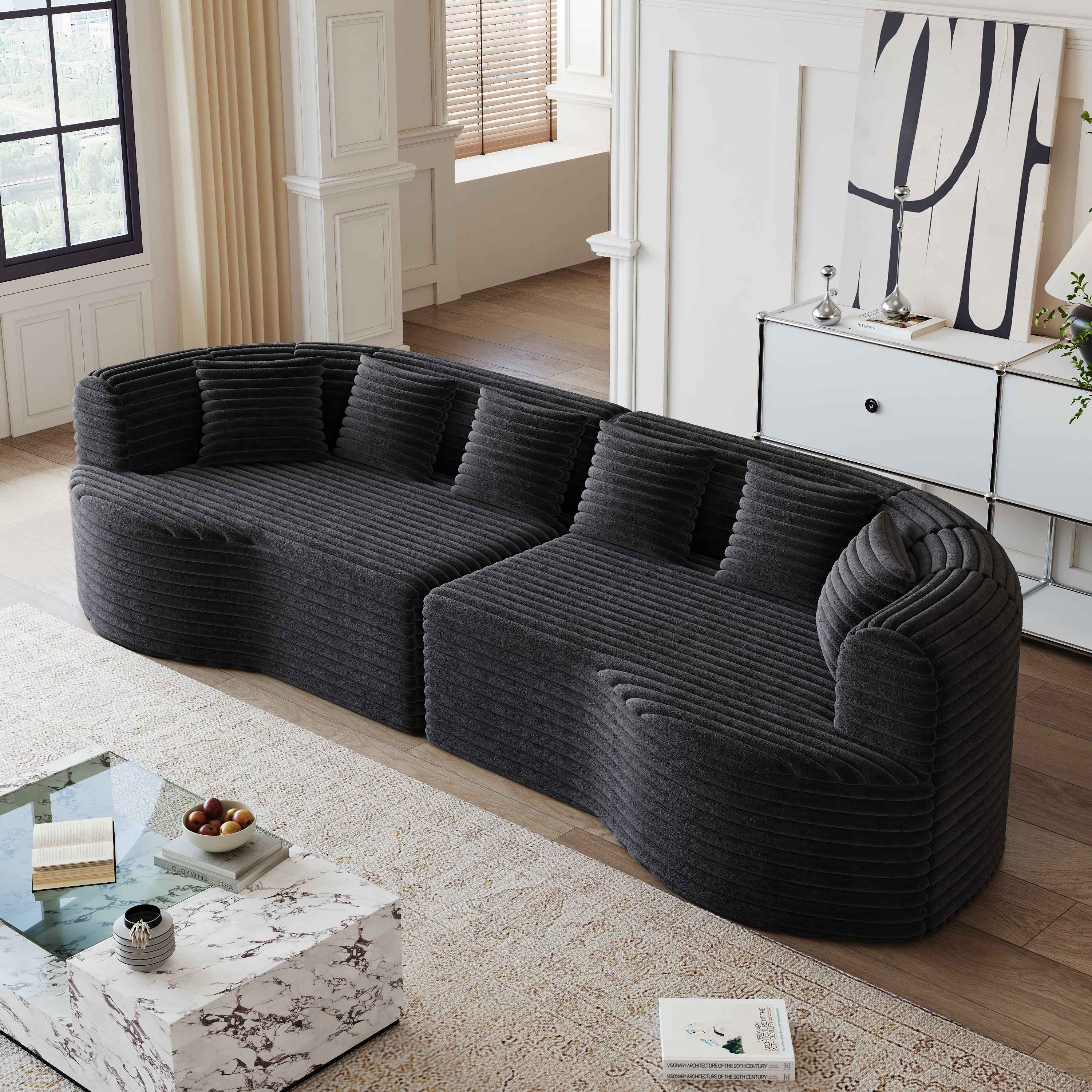 Curved Sectional Sofa, 106.3-inch Oversized Modern Bone-Free Cloud Sofa with 6 Pillows Luxury Corduroy Four-Seater Memory Foam Sofa with Deep Seat Design,black