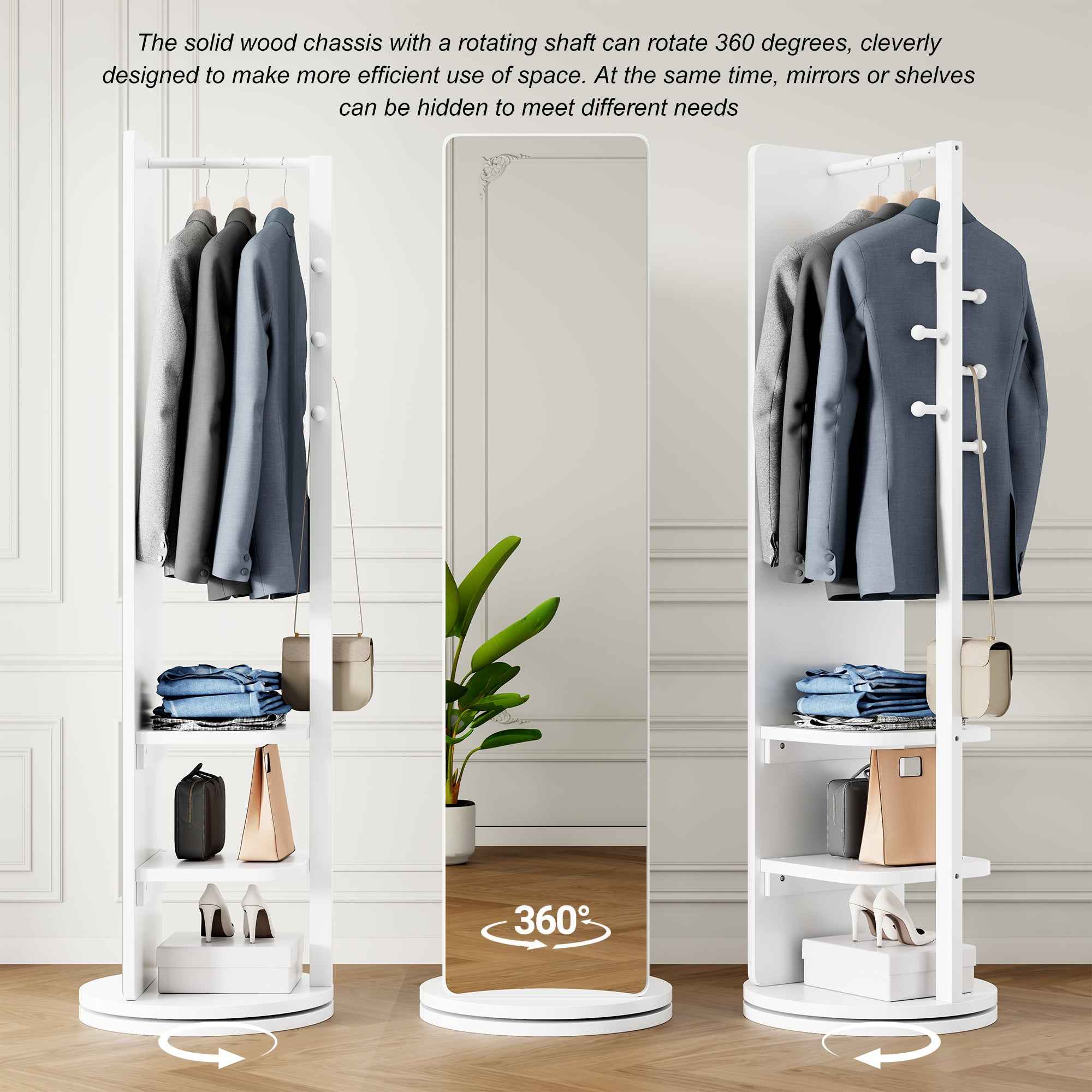 360° Rotating 69'x20' Multifunctional Full Length Mirror with Hook Storage Rack Coat Rack with Mirror Solid Wood Floor Mirror Bedroom Living Room Cloakroom Space Saving (white)