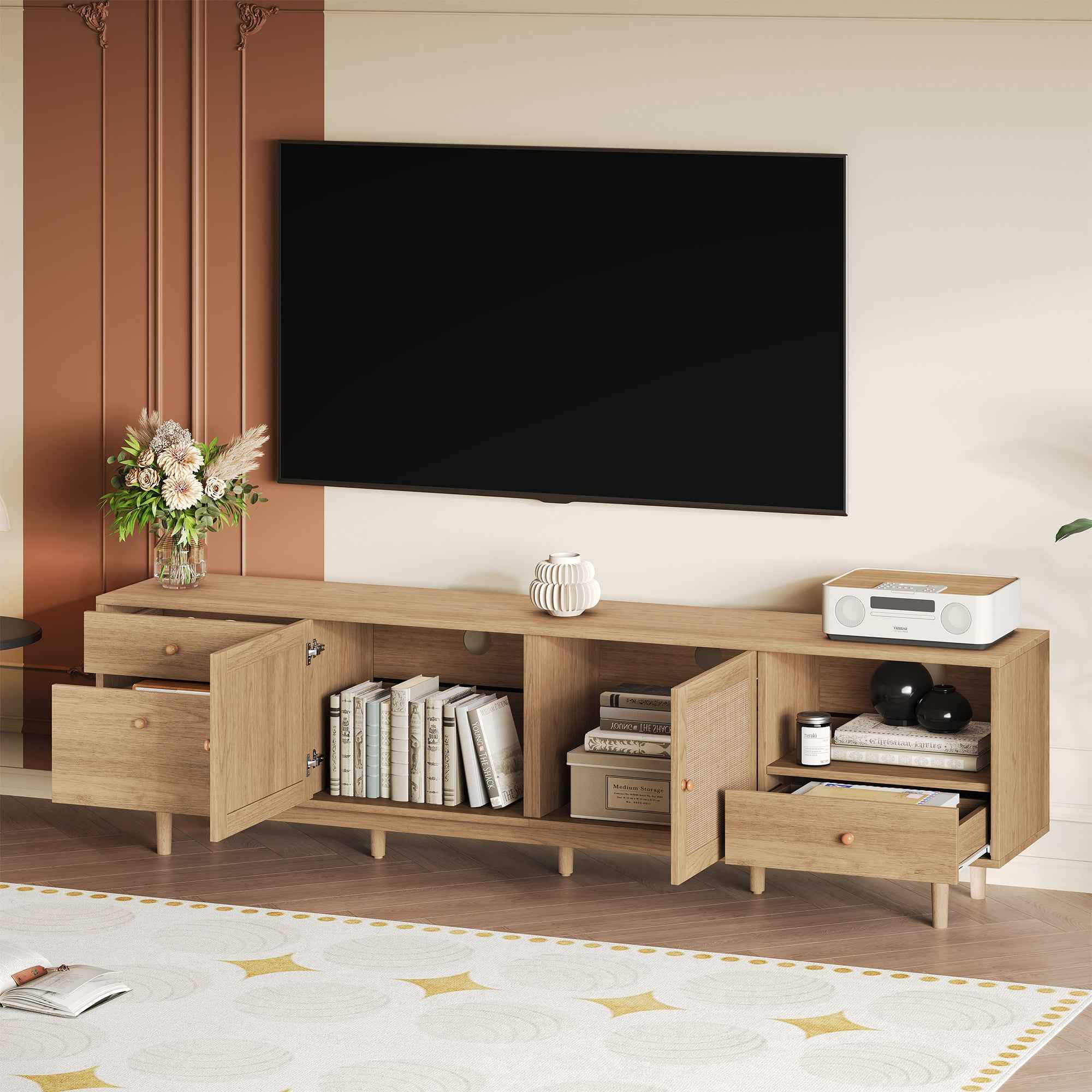 Boho TV Stand for 65 75 85 Inch TV with Real Rattan Doors, Modern Wood Media Console in Natural Finish, 76.6'' L x 15.7'' W x 23.6'' H