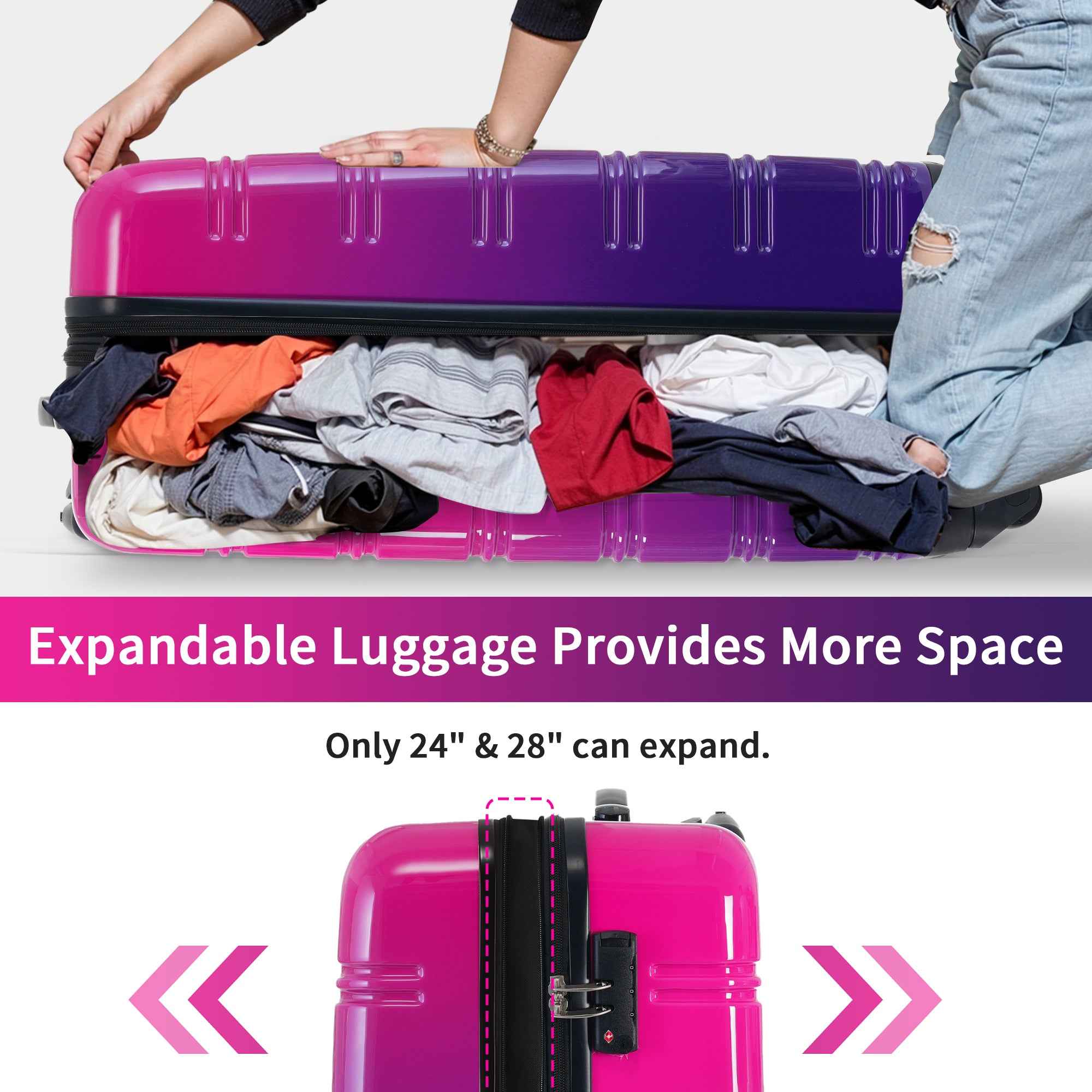 Gradient Color Expandable Hardshell Luggage Set with Spinner Wheels and TSA Lock, 20' 24' 28' Available, Purple and Pink