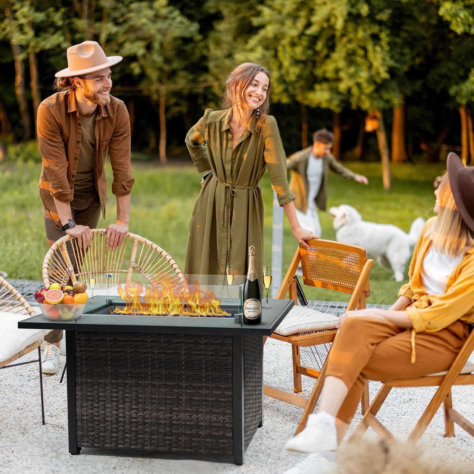 Outdoor Fire Pit 50,000 BTU Propane Gas Fire Table with Lid Fireplace with Glass Wind Guard Wicker Base for Garden, Patio, Backyard, 44'